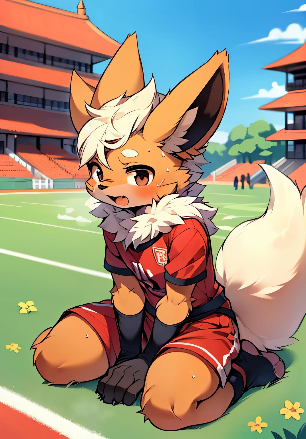 masterpiece，high quality，ridiculous resolution，number\（a work of art\），Dagashi，Kiyoyama,（fluffy fur：1.1），（brightness：0.8）， freon, （black eyes，hairy all over，cat nose：1.2），Eyes have brightness，panoramic，Character focus。Detailed background，（red soccer uniform，sweat，：1.2），male，flareon, flareon male，sit on the floor，put your hands on the ground，Opaque white socks，football field，express enjoyment，Clothes soaked with sweat，very suitable, Protruding crotch, Clothes soaked with sweat，very suitable，Lively，Lovely，masterpiece,high quality,abstract research,number\(artwork\), Yes, (Hana Charcoal,fluffy fur,Character focus:1.1), short hair,portrait , eyes are very bright, panoramic, Character focus.(Detailed background:0.7),Protruding crotch, Clothes soaked with sweat，very suitable，Lively，Lovely，masterpiece,high quality,abstract research,number\(artwork\), Yes, (Hana Charcoal,fluffy fur,Character focus:1.1), short hair,portrait , eyes are very bright, panoramic, Character focus.(Detailed background:0.7),