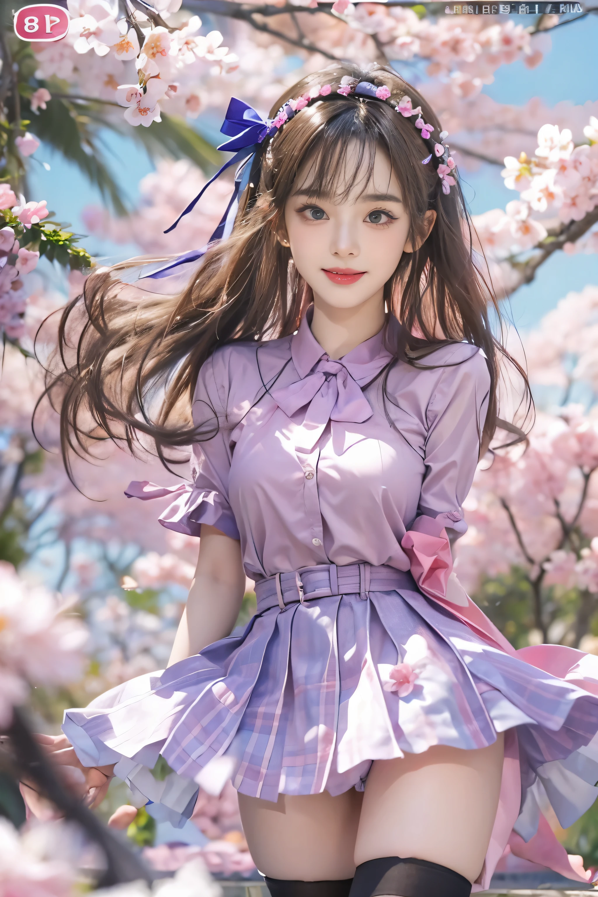 ((highest quality、8k、masterpiece:1.3))、sharp focus:1.2、(genuine、photogenuineistic:1.37)、(shining smile:1.2)、beautiful face woman、28 years old、pointed chest、long eyelashes、colored contact lenses、big breasts 、delicate、very fine eyes、highly detailed eyebrows、（sharp eyebrows）、（thin eyebrows）.highly detailed face、(((beautiful feet:1.3)))、((beautiful breasts:1.3)、(brunette tousled hair)、(28 years old女性:1.2)、  (very detailed), (bright colors), (Attractive texture), (modern aesthetics), (Artistic talent), (creative composition), (unique concept), (High quality illustrations), (professional artistry), (bold outline:1.2), (captivating gaze), (Contemporary style), (Eye-catching design), (whole body:1.3), school uniform,(brother:1.2),mini skirt,(Absolute area:1.3),(idol stage:1.3),cherry blossoms,🌸 🌸 🌸 🌸 🌸 🌸 🌸 🌸 🌸