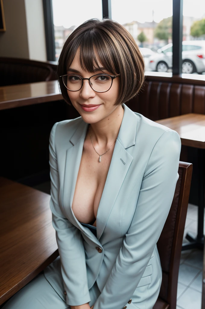 40 year old woman, (brown hair with silver streak), (pixie cut), ((portrait)), pale skin, athletic body, dimples, bob cut, (smile), looking at viewer, glasses, bow tie, highly detailed fitted suit, blazer, button-down shirt, showing cleavage, high waist skirt, sitting, indoors, collar, (full body: 1.6), (cold colors), (perfect proportion), ((detailed face:1.2)), ((detailed facial features)), (finely detailed skin ), (in cafe:1.5), (realistic photo), (best quality), (detailed), photographed with a Canon EOS R5, 50mm lens, F/2.8, HDR, (8k), (wallpaper), (cinematic lighting), (dramatic lighting), (sharp focus), ( intricate), from above