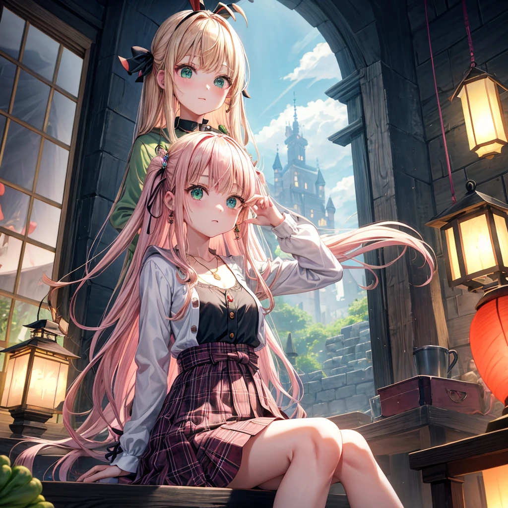 pink blonde、green eyes、one good looking girl、solo、anime、plaid mini skirt、the skirt has buttons、black camisole、black t-shirt、dress、wearing a ribbon、ribbon at waist、cloak、hood、clouds are swirling、stone slabs are piled up、one hand raised、crystal earrings、vegetable garden、monster castle、ceiling、golden key、jewelry necklace、Light and shadow、window、Hundreds of Ghosts at Night、lantern、sitting、legs crossed、mirror、Carrot、asparagus、tomato、green pepper、tunnel