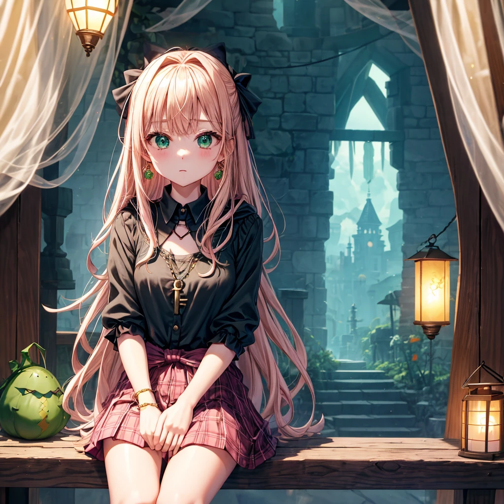 pink blonde、green eyes、one good looking girl、solo、anime、plaid mini skirt、the skirt has buttons、black camisole、black t-shirt、dress、wearing a ribbon、ribbon at waist、cloak、hood、clouds are swirling、stone slabs are piled up、one hand raised、crystal earrings、vegetable garden、monster castle、ceiling、golden key、jewelry necklace、Light and shadow、window、Hundreds of Ghosts at Night、lantern、sitting、legs crossed、mirror、Carrot、asparagus、tomato、green pepper、tunnel