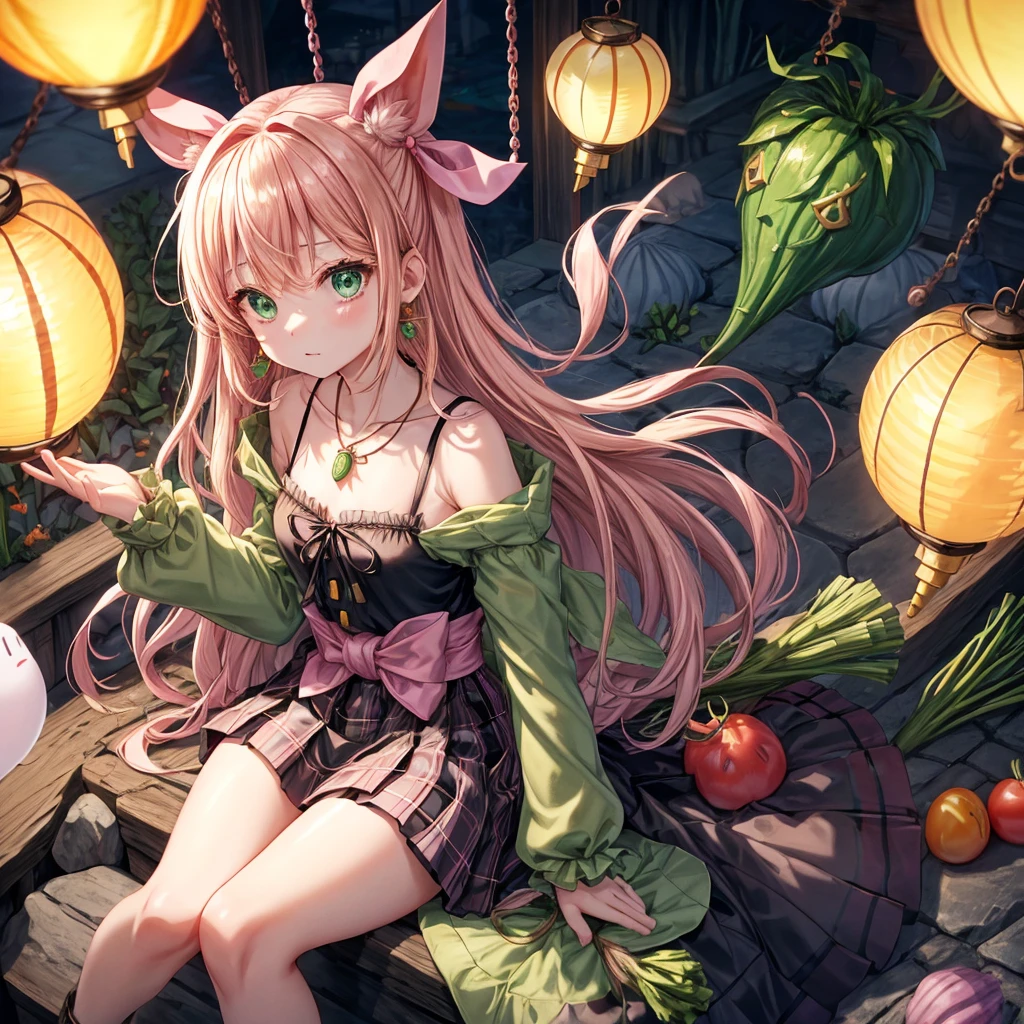 pink blonde、green eyes、one good looking girl、solo、anime、plaid mini skirt、the skirt has buttons、black camisole、black t-shirt、dress、wearing a ribbon、ribbon at waist、cloak、hood、clouds are swirling、stone slabs are piled up、one hand raised、crystal earrings、vegetable garden、monster castle、ceiling、golden key、jewelry necklace、Light and shadow、window、Hundreds of Ghosts at Night、lantern、sitting、legs crossed、mirror、Carrot、asparagus、tomato、green pepper、tunnel