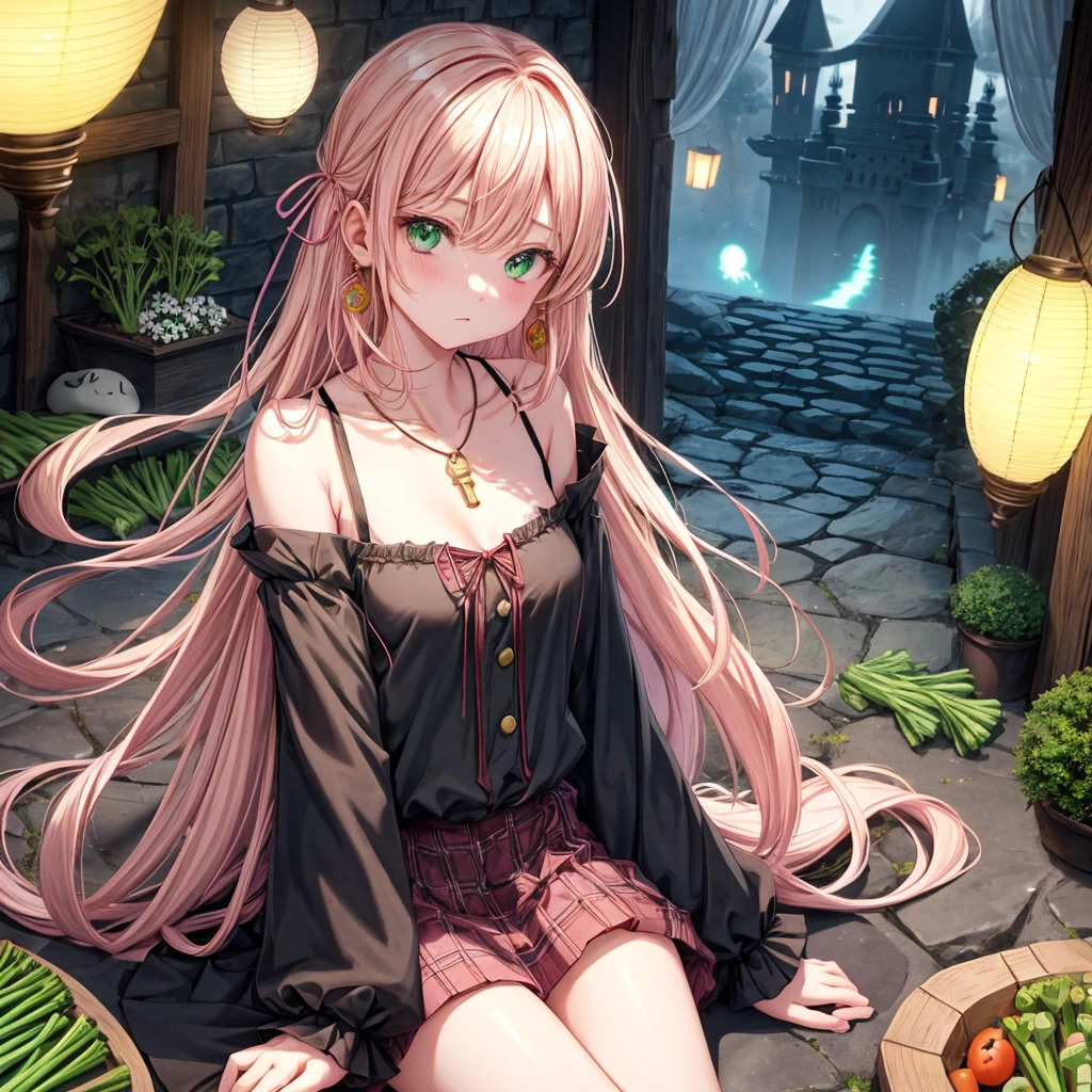 pink blonde、green eyes、one good looking girl、solo、anime、plaid mini skirt、the skirt has buttons、black camisole、black t-shirt、dress、wearing a ribbon、ribbon at waist、cloak、hood、clouds are swirling、stone slabs are piled up、one hand raised、crystal earrings、vegetable garden、monster castle、ceiling、golden key、jewelry necklace、Light and shadow、window、Hundreds of Ghosts at Night、lantern、sitting、legs crossed、mirror、Carrot、asparagus、tomato、green pepper、tunnel
