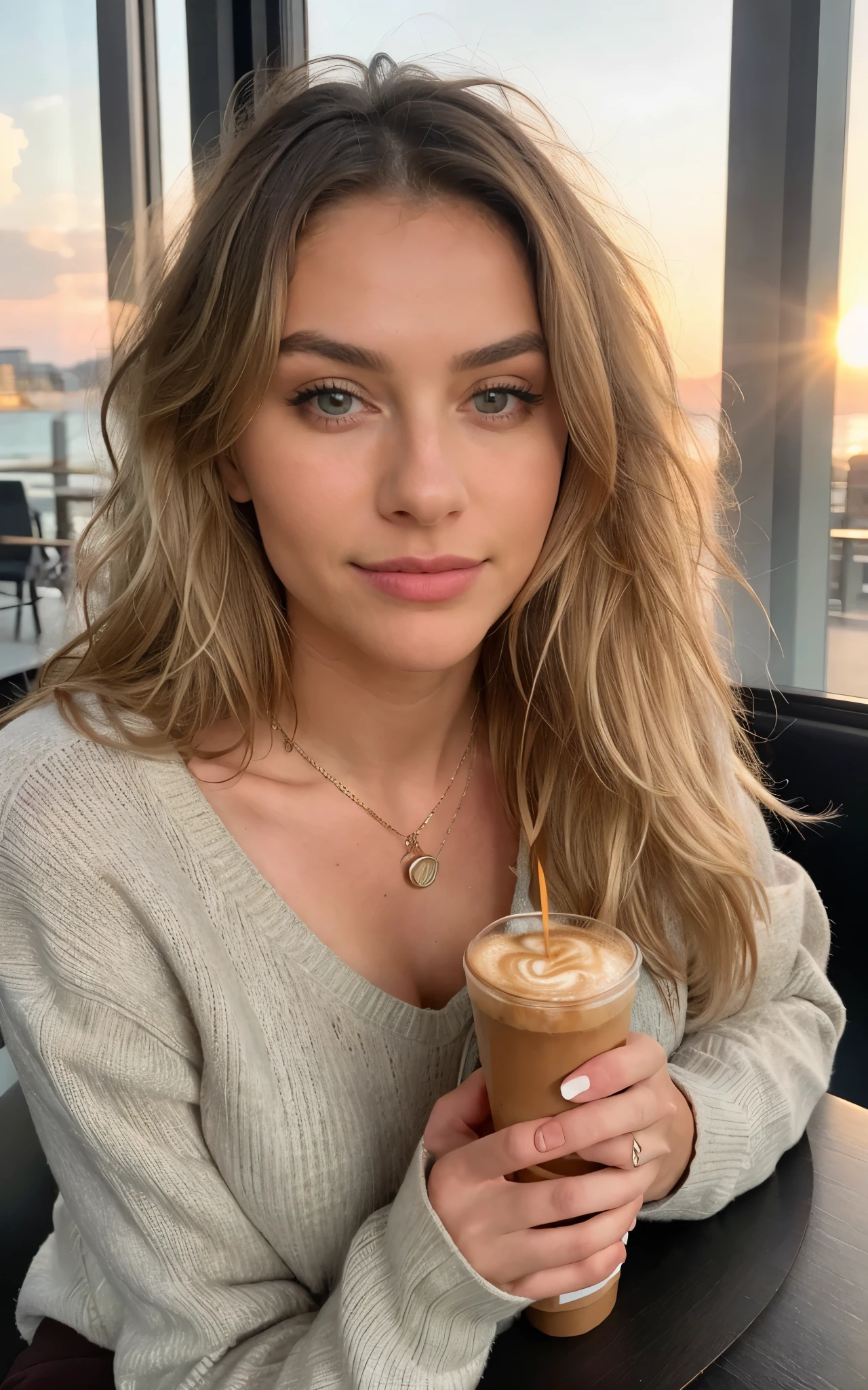sexy 19yesr old girl,blonde, Long wavy hair long messy windy blonde, with yellow sweater (Drinking coffee in a modern café at sunset), sehr detailliert, 14 Jahre alt, unschuldiges Gesicht, naturally wavy hair, blaue Augen, high-res, Meisterwerk, best qulaity, komplizierte Details, sehr detailliert, scharf Fokus, detaillierte Haut, realistische Hauttextur, Textur, detaillierte Augen, professionell, 4k, charming smile, aufgenommen mit Canon, 85 mm, light depth of field, Kodak Vision-Farbe, perfectly fitting body, extrem detailliert, Foto_\(ultra\), fotorealistisch, realistisch, Nachbearbeitung, maximale Details, Rauheit, echtes Leben, ultrarealistisch, Fotorealismus, Fotografie, 8k uhd, Fotografie