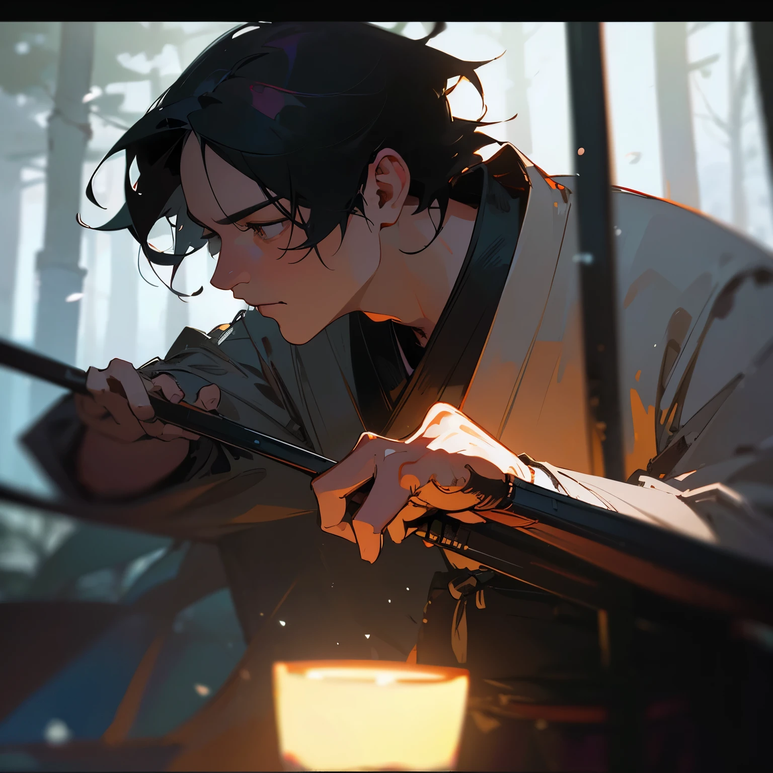 (close up shot:1.5), Japanese samurai warrior, forest glade at night background, (dusk), moonlight, bokeh, (art by jeremy mann and edvard munch), beautiful composition, complimentary colors, masterpiece, award winning