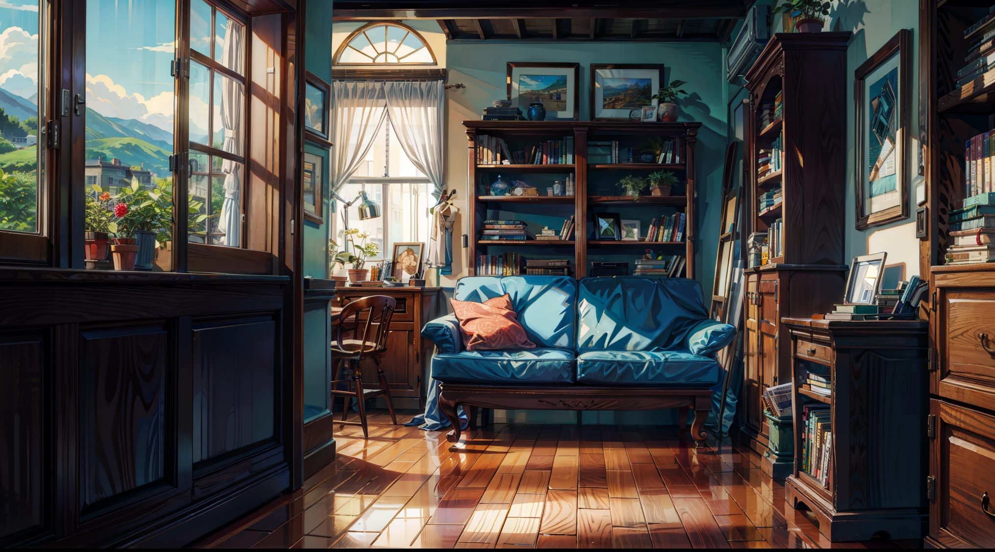 Masterpiece, best quality, living room. Blue sofa, wooden floor, bookshelves, windows, sky outside the window, landscape, flowers, very detailed interior layout, sun