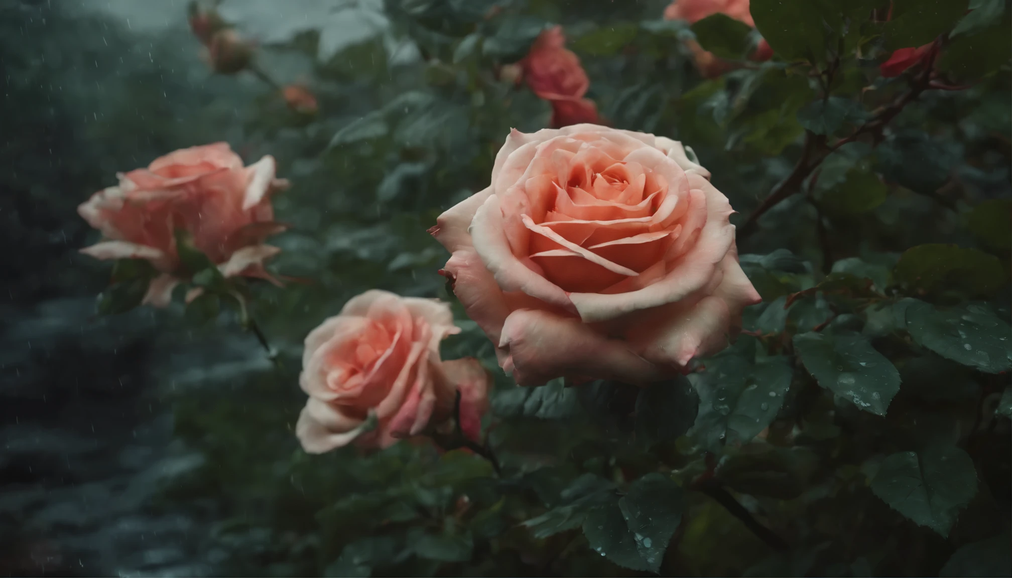 (best quality,4k,8k,highres,masterpiece:1.2),ultra-detailed,(realistic,photorealistic,photo-realistic:1.37),roses garden,black color, rain-washed,illustration,petals gently dripping water,fragrant blooming flowers,dark romantic atmosphere,moody lighting,vivid red and green colors,soft focus,delicate details,water droplets on leaves,fresh and wet appearance,dreamlike surrealistic environment,ethereal ambiance,beautiful detailed flowers,collapsed dark clouds,abundance of roses,peaceful and serene setting,heightened contrast,mesmerizing and mysterious beauty,unique and enchanting scene,captivating visual experience,hauntingly captivating art,atmospheric composition,breathtakingly realistic artwork,meticulously crafted masterpiece,immersive and evocative illustration,fantasy-like elements blended seamlessly,ethereal and magical garden ambiance