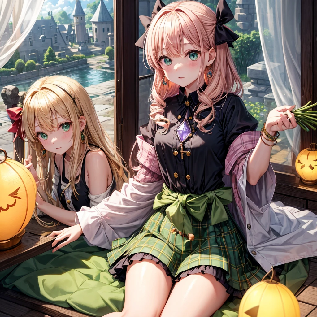 pink blonde、green eyes、one good looking girl、solo、anime、plaid mini skirt、the skirt has buttons、black camisole、black t-shirt、dress、wearing a ribbon、ribbon at waist、cloak、hood、clouds are swirling、stone slabs are piled up、one hand raised、crystal earrings、vegetable garden、monster castle、ceiling、golden key、jewelry necklace、Light and shadow、window、Hundreds of Ghosts at Night、lantern、sitting、legs crossed、mirror、Carrot、asparagus、tomato、green pepper、tunnel