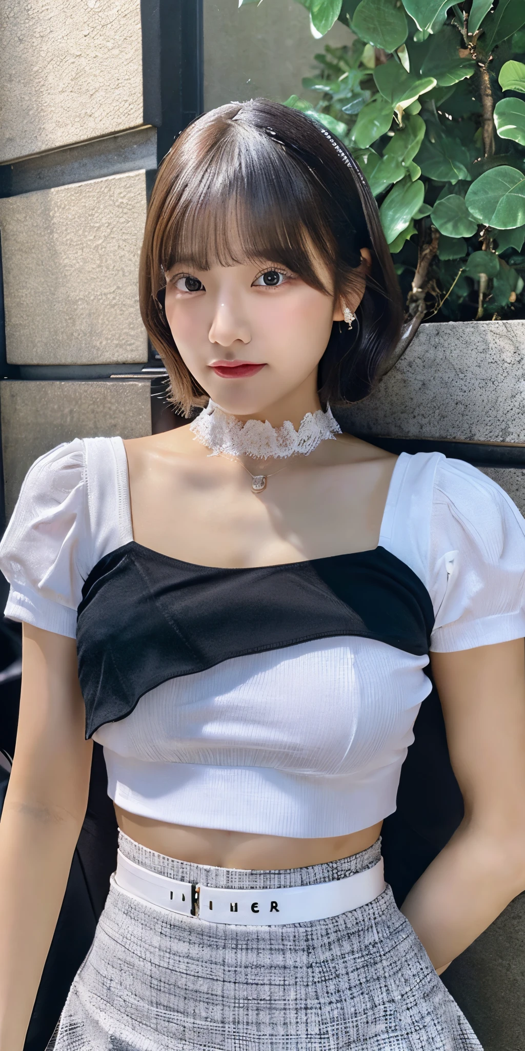 high quality, 最high quality, photo-realistic, Raw photo, realistic, ultra realistic 8k cg, super detailed, High resolution, masterpiece, 1 girl,25 years old, bob hairstyle, black eye, face and eye details, close, intricate details, detailed texture, finely,Close-up of a woman wearing a skirt and shirt, short skirt, white mini skirt, wearing white skirt, wearing a skirt,big breasts、cream colored bra、black tie、gray shirt、Clothes are transparent、black belt、pink short socks、sneakers