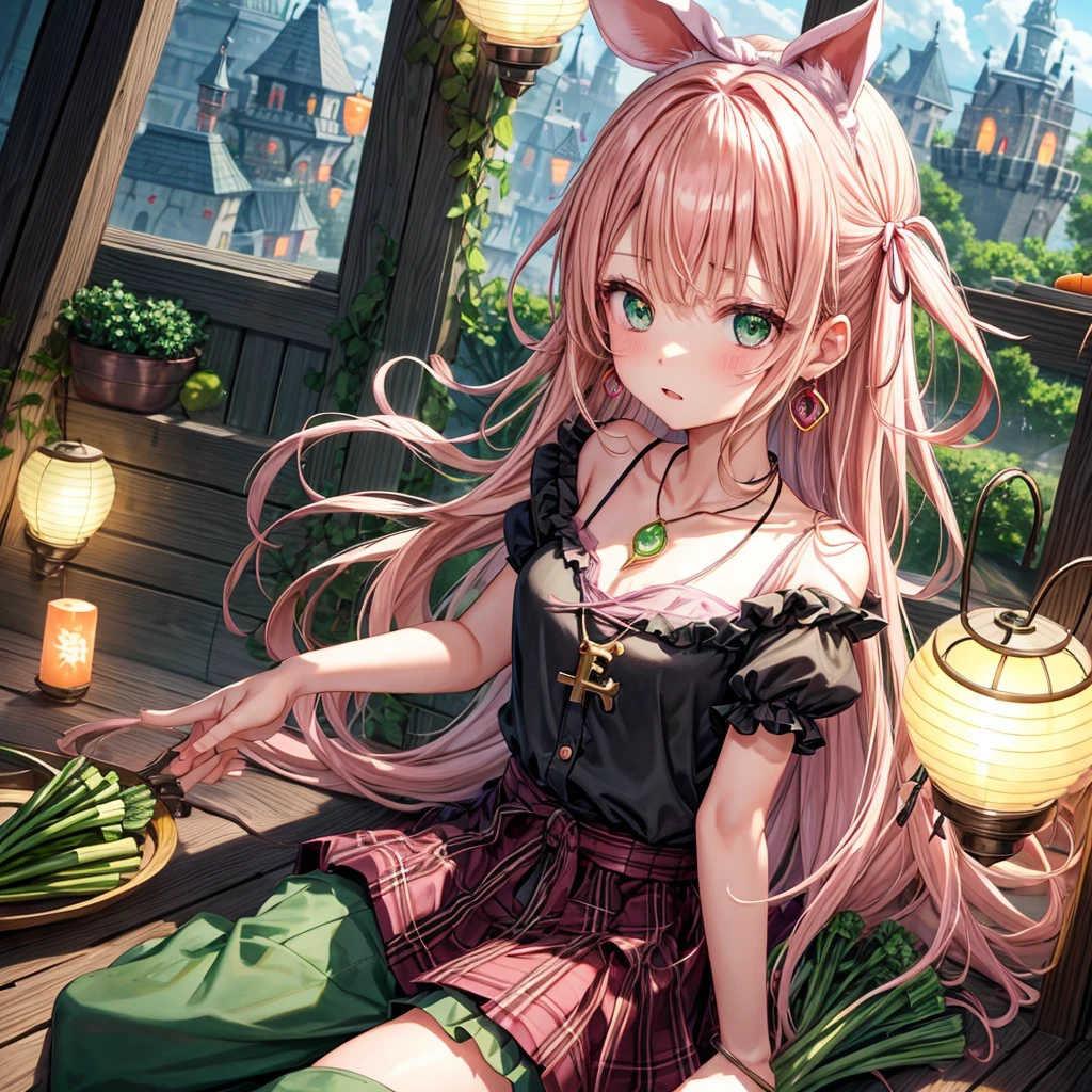 pink blonde、green eyes、one good looking girl、solo、anime、plaid mini skirt、the skirt has buttons、black camisole、black t-shirt、dress、wearing a ribbon、ribbon at waist、cloak、hood、clouds are swirling、stone slabs are piled up、one hand raised、crystal earrings、vegetable garden、monster castle、ceiling、golden key、jewelry necklace、Light and shadow、window、Hundreds of Ghosts at Night、lantern、sitting、legs crossed、mirror、Carrot、asparagus、tomato、green pepper、tunnel