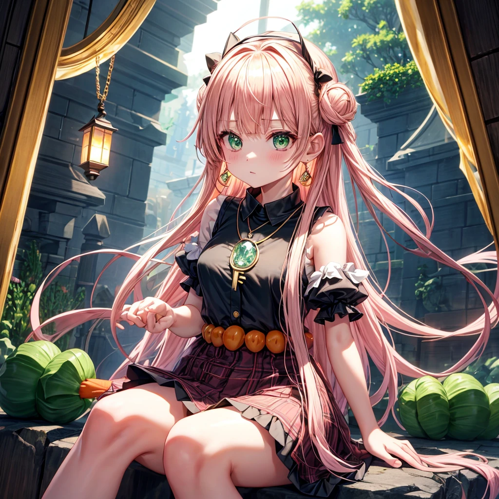 pink blonde、green eyes、one good looking girl、solo、anime、plaid mini skirt、the skirt has buttons、black camisole、black t-shirt、dress、wearing a ribbon、ribbon at waist、cloak、hood、clouds are swirling、stone slabs are piled up、one hand raised、crystal earrings、vegetable garden、monster castle、ceiling、golden key、jewelry necklace、Light and shadow、window、Hundreds of Ghosts at Night、lantern、sitting、legs crossed、mirror、Carrot、asparagus、tomato、green pepper、tunnel