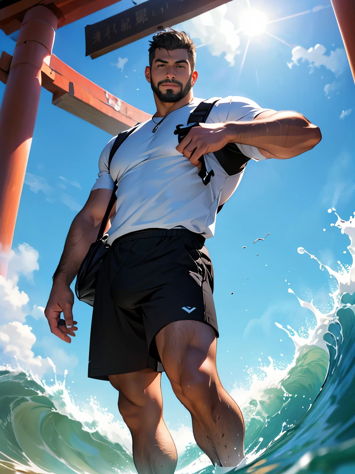 sexy mature daddy, tanned skin, big bump, darker skin, stubble, muscle发达的, best quality, masterpiece, ultra high resolution, Detailed background, realism, illustration, single, 1 boy, Torii, muscle, Volumetric lighting, depth of field, beard, wave, Short-sleeved clothes, white socks, light particles, huge bulge, sunny, sweat, short black hair, perfect eyes, crossbody bag,relaxed poses