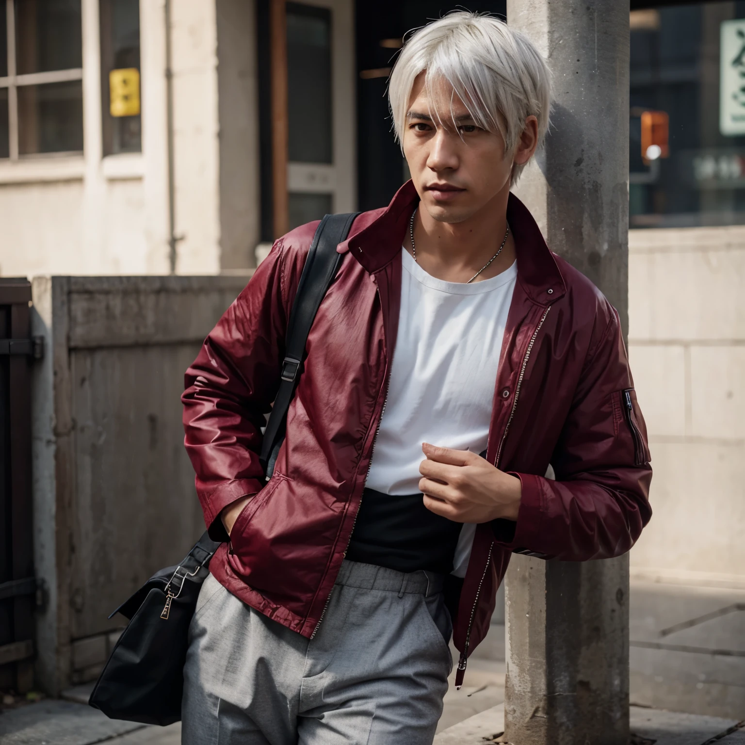 Create a jujutso kaisen character he has white hair and wears a red jacket, burgundy pants and a black blouse