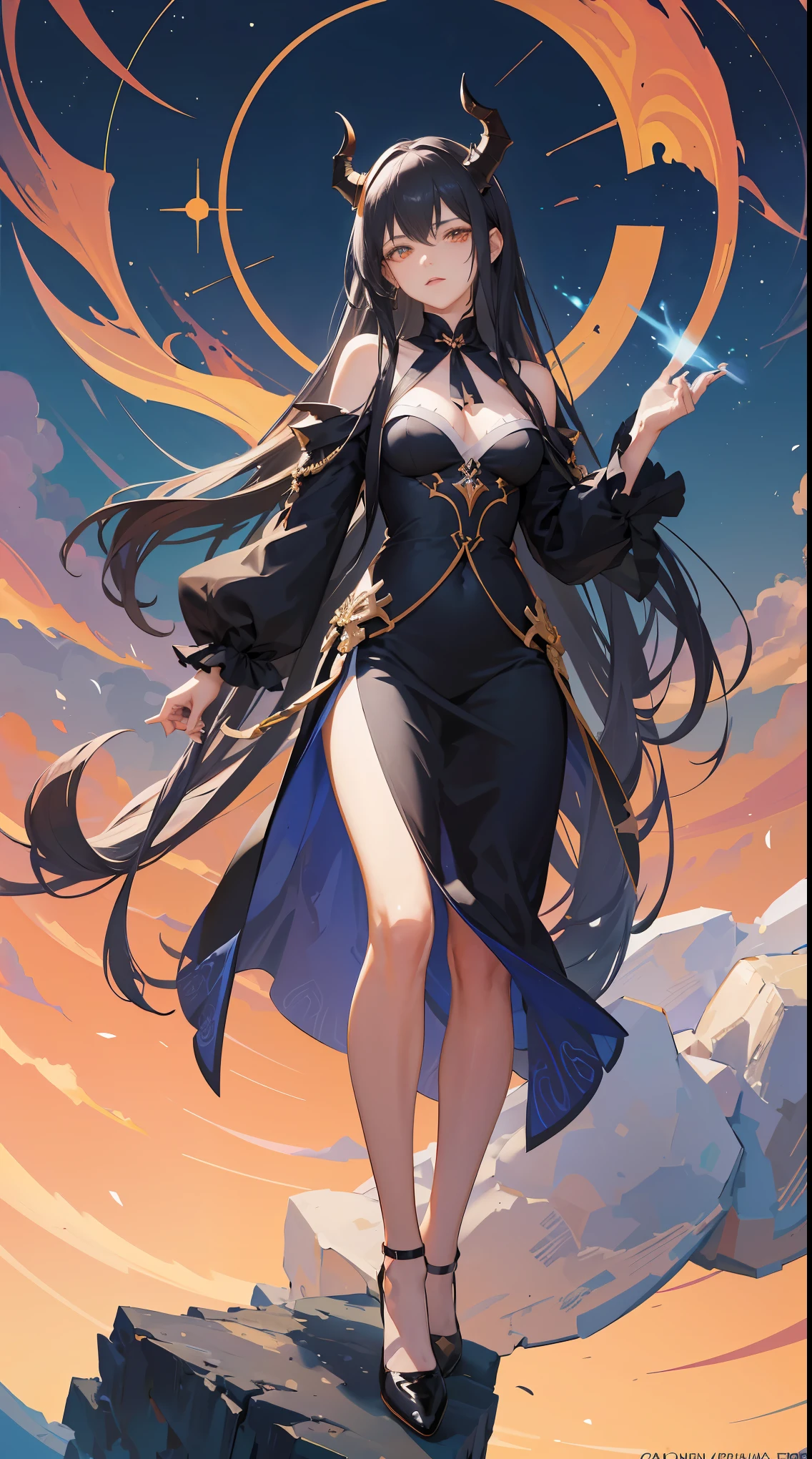 Seven Rhaeyar, Ancient Star goddess, Perfect female anatomy (Adult Female, 166cm in height, pale skin, slim, slender, 34D breast size, Dark Orange Eyes with beautiful details, Long Straight Black Hair, Beauty Mark Mole on right cheek bone, a set of black horns on her head), Neutral facial expression, Elegant white dress with black bow tie, blue coat knee length, dragon motifs, gold and rope accessories, View of the open blue sky with only clouds, receiving light from the front, Ethereal glow