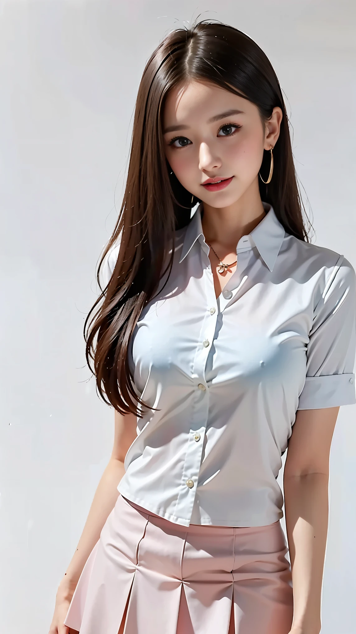 1girl, masterpiece, best quality, 8k, full body, white collared shirt, pale pink frilled mini skirt, black long-boots, break, 18 years old, anna_girl, looking at viewer, smile, ultra realistic photography, sharp focus, face light, dynamic lighting, break, (simple white background:1.4), break, real skin, symmetric clear eyes, dark brown eyes, sharp pupils, realistic pupils, standing pose, earrings, necklace, bangle