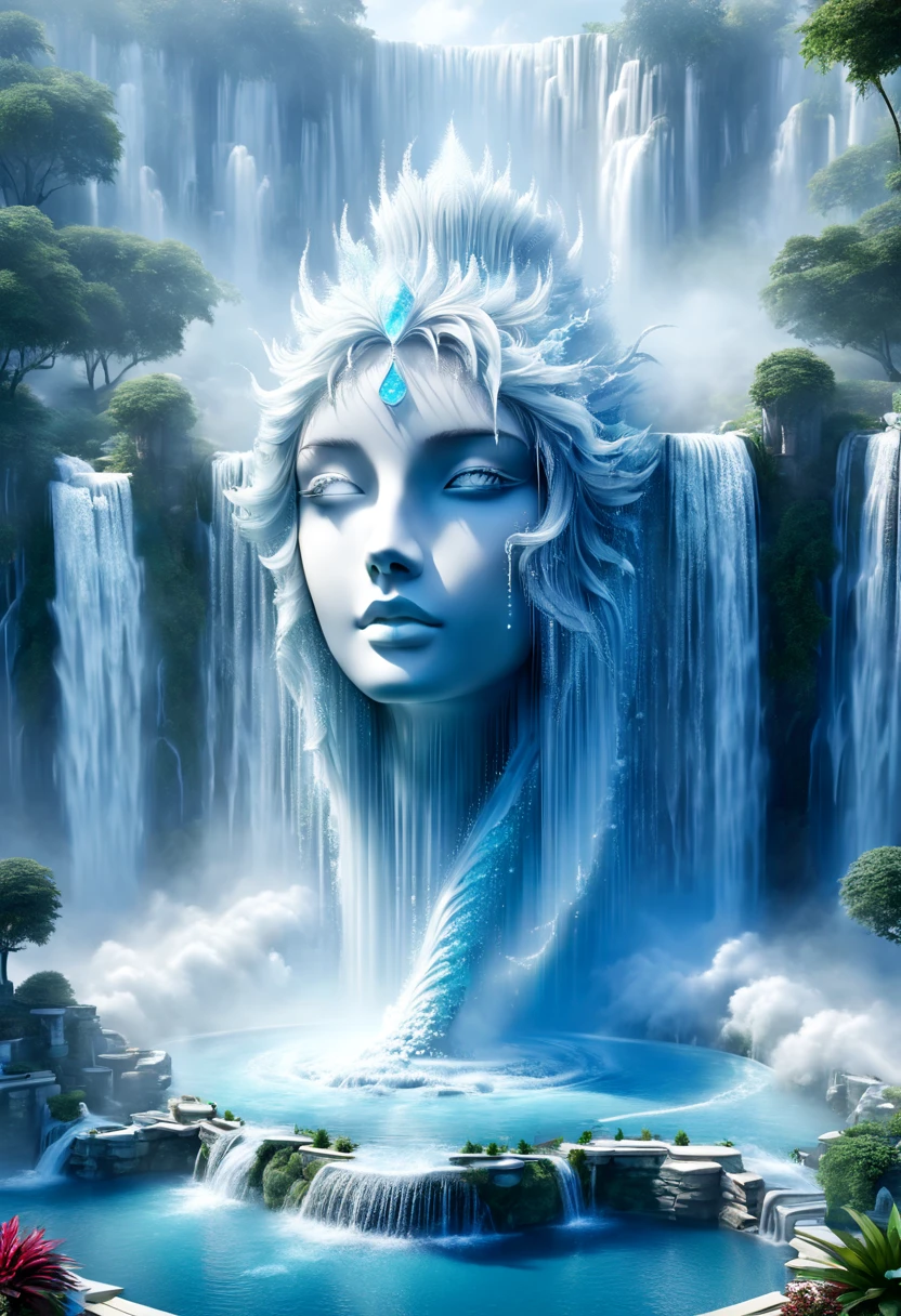Light blue-white tones，palatial architecture.Gorgeous interior space，Blend in with the beautiful white building，All white interior fanThaty scene，((Super spectacular waterfall landscape))，(Super rich fountain waterfall)，Waterfall fountains at different levels，Transformation crystal，ice crystals，super quality，masterpiece，Super exquisite，many details，splashing water droplets，feeling of mist，water vapor eruption，That&#39;it&#39;like a wonderland.(best quality,4k,8k,high resolution,masterpiece:1.2),super detailed,