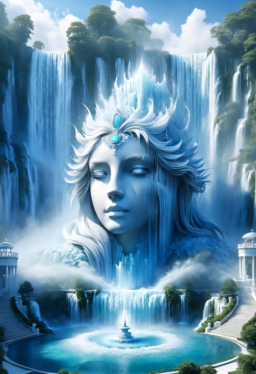 Light bluish white tone，palace style architecture.Gorgeous interior space，Blend in with the beautiful white building，All white interior fanThaty scene，((Super spectacular waterfall landscaping))，(Super rich fountain waterfall)，Waterfall fountains at different levels，Transformation crystal，ice crystals，super quality，masterpiece，Super exquisite，Lots of details，splashing water droplets，feeling of mist，water vapor eruption，That&#39;It&#39;s like a wonderland.(best quality,4K,8k,high resolution,masterpiece:1.2),Super detailed,