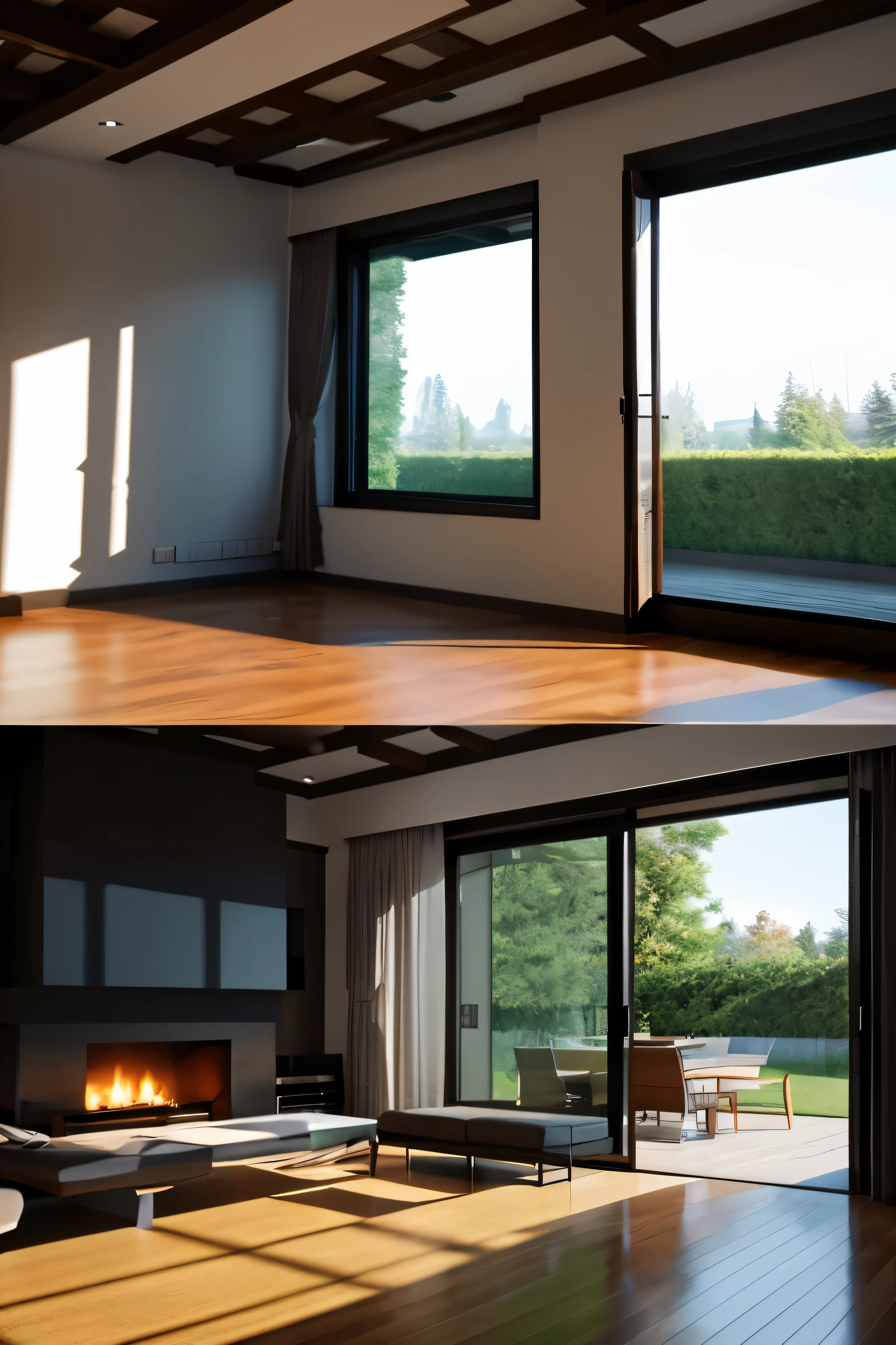 you are a famous interior designer、I was asked to create a 3D image of a large modern room.。. Create a harmonious environment with modern and minimalist furniture. Including garden interior.