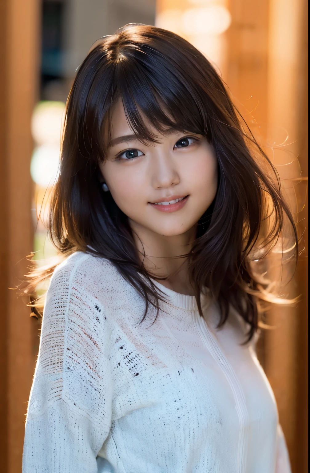 (8k, original photo, best quality, masterpiece:1.2), (actual, photo-actual:1.37), Super detailed, ultra high resolution,1 girl,looking at the audience,Beautiful and delicate face,Smile,narrow,(slim waist:1.3),shirt, Beautiful and delicate skin, Texture, Floating hair,professional lighting,