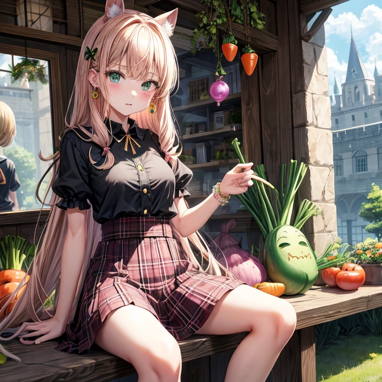 pink blonde、green eyes、one good looking girl、solo、anime、plaid mini skirt、the skirt has buttons、black camisole、black t-shirt、dress、wearing a ribbon、ribbon at waist、cloak、hood、clouds are swirling、stone slabs are piled up、one hand raised、crystal earrings、vegetable garden、monster castle、ceiling、golden key、jewelry necklace、Light and shadow、window、Hundreds of Ghosts at Night、lantern、sitting、legs crossed、mirror、Carrot、asparagus、tomato、green pepper、tunnel