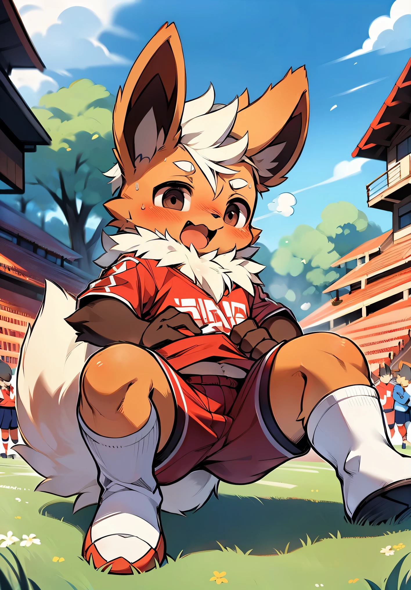 masterpiece，high quality，ridiculous resolution，number\（a work of art\），dagasi，Kiyoyama,（fluffy fur：1.1），（brightness：0.8）， freon, （black eyes，hairy all over，cat nose：1.2），Eyes have brightness，panoramic，Character focus。Detailed background，（red soccer uniform，sweat，：1.2），male，flareon, flareon male, Opaque white socks，football field，playing soccer, express enjoyment，Clothes soaked with sweat，very suitable, Protruding crotch, Lively，Lovely，masterpiece,high quality,abstract research,number\(artwork\), Yes, (Hana Charcoal,fluffy fur,Character focus:1.1), short hair,portrait , eyes are very bright, panoramic, Character focus.(Detailed background:0.7), 