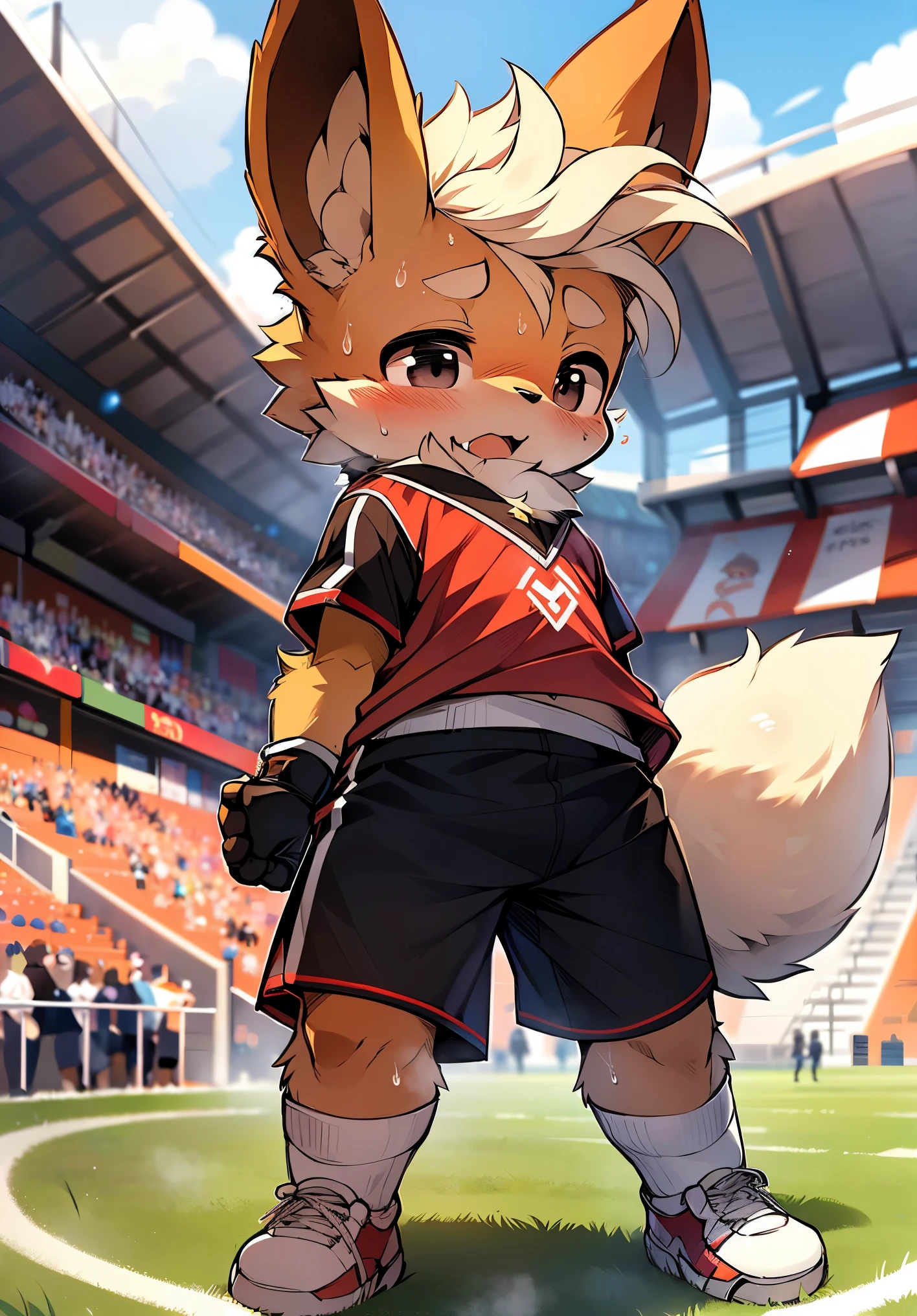 masterpiece，high quality，ridiculous resolution，number\（a work of art\），dagasi，Kiyoyama,（fluffy fur：1.1），（brightness：0.8）， freon, （black eyes，hairy all over，cat nose：1.2），Eyes have brightness，panoramic，Character focus。Detailed background，（red soccer uniform，sweat，：1.2），male，flareon, flareon male, Opaque white socks，football field，playing soccer, express enjoyment，Clothes soaked with sweat，very suitable, Protruding crotch, Lively，Lovely，masterpiece,high quality,abstract research,number\(artwork\), Yes, (Hana Charcoal,fluffy fur,Character focus:1.1), short hair,portrait , eyes are very bright, panoramic, Character focus.(Detailed background:0.7), 