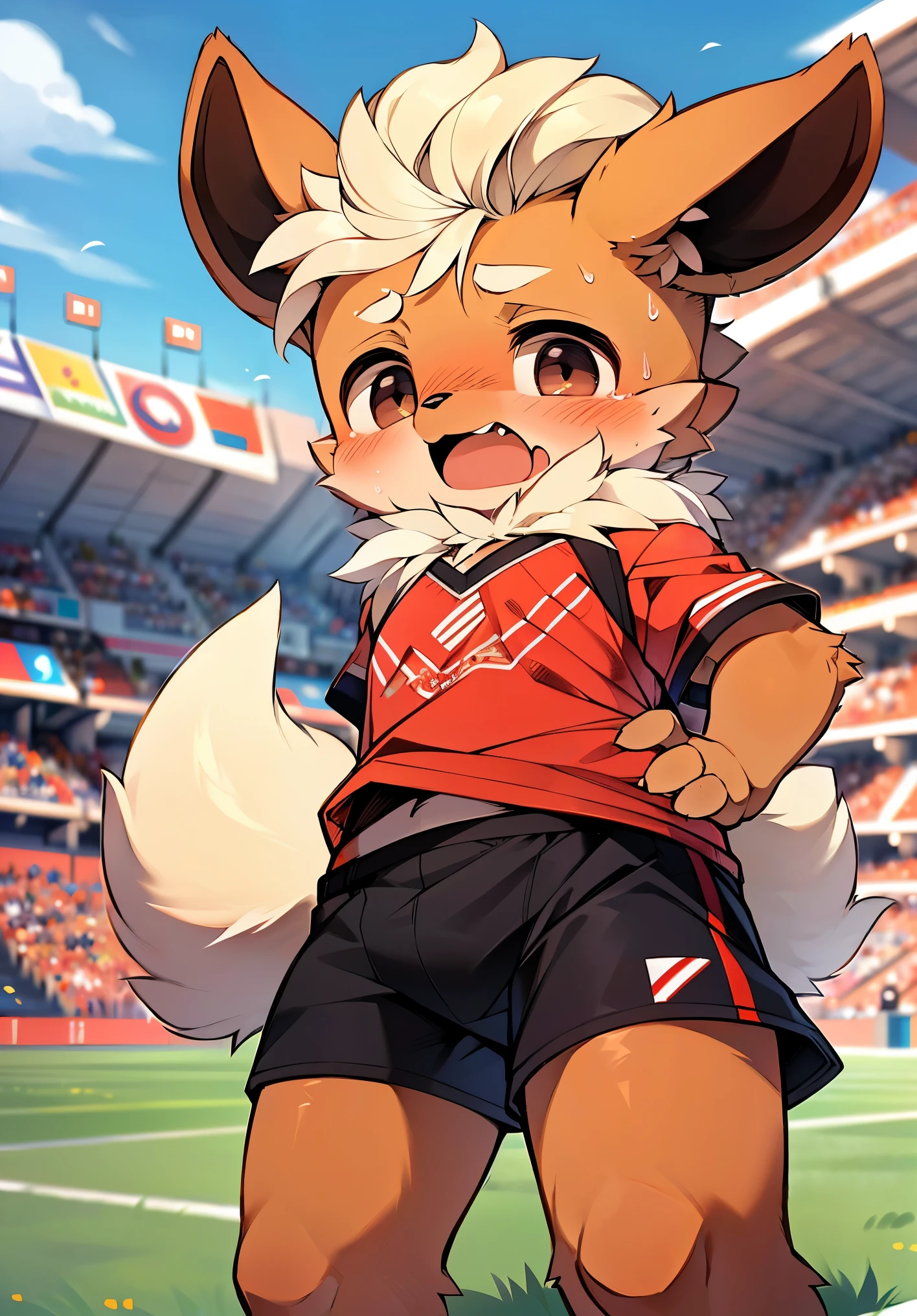 masterpiece，high quality，ridiculous resolution，number\（a work of art\），dagasi，Kiyoyama,（fluffy fur：1.1），（brightness：0.8）， freon, （black eyes，hairy all over，cat nose：1.2），Eyes have brightness，panoramic，Character focus。Detailed background，（red soccer uniform，sweat，：1.2），male，flareon, flareon male, Opaque white socks，football field，playing soccer, express enjoyment，Clothes soaked with sweat，very suitable, Protruding crotch, Lively，Lovely，masterpiece,high quality,abstract research,number\(artwork\), Yes, (Hana Charcoal,fluffy fur,Character focus:1.1), short hair,portrait , eyes are very bright, panoramic, Character focus.(Detailed background:0.7), 