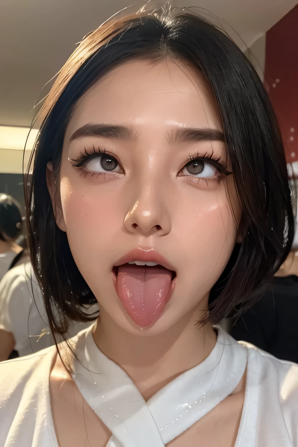 Fashion trendy beautiful and attractive woman,beautiful japanese woman,1 girl、Realistic and detailed eyelashes、award winning photos、very detailed、eye、nose、focus on the mouth、Close-up、focus on the face、口を開けてeyeを閉じた女性、35 years old、black hair、しわeye：1.1、symmetrical face、リアルなnose孔、from belowのアングル、リアルで詳細な細長いC字型のnose孔,sweaty skin、Lighting that emphasizes the skin that shines with sweat、((鋭いnose))Skin shiny with sweat、shiny skin、sweaty hair、上eye使い、(wrinkles between eyebrows))(cum on tongue)Lighting that does not cast shadows on your face、from below,long tongue、drooling.((Drool dripping from the tongue、saliva drips from the tongue))、(((Drool bubbles remain on the tongue、)))(((Foamy saliva collects at the bottom.)))upper body only,Ellipsoidal surface, ((Shibuya cityscape,Spring Casual Fashion,I can see the sky))