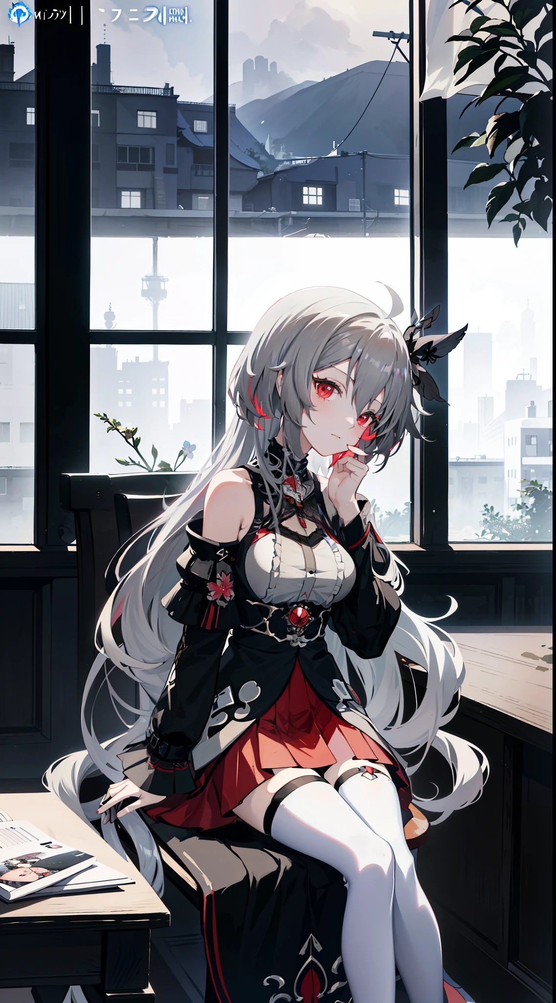 Anime girl with long gray hair sitting on the table in the room, 4K quality，Ultra high quality，Novel cover illustration level，Azur lane skin vertical painting style，The girl&#39;s face is slightly reluctant，Focus on the characters，Fade the background，The facial features are exquisite and normal，In good shape
