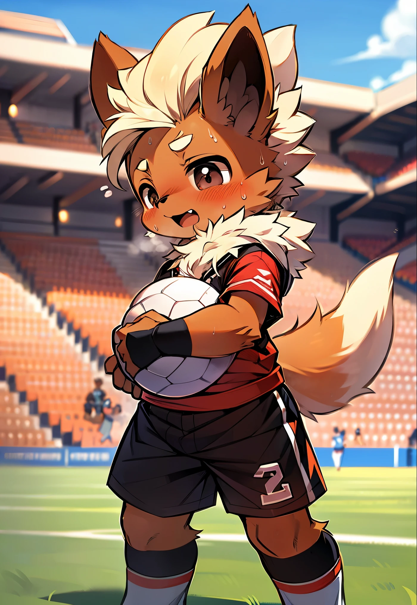 masterpiece，high quality，ridiculous resolution，number\（a work of art\），dagasi，Kiyoyama,（fluffy fur：1.1），（brightness：0.8）， freon, （black eyes，hairy all over，cat nose：1.2），Eyes have brightness，panoramic，Character focus。Detailed background，（red soccer uniform，sweat，：1.2），male，flareon, flareon male, Opaque white socks，football field，playing soccer, express enjoyment，Clothes soaked with sweat，very suitable, Protruding crotch, Lively，Lovely，masterpiece,high quality,abstract research,number\(artwork\), Yes, (Hana Charcoal,fluffy fur,Character focus:1.1), short hair,portrait , eyes are very bright, panoramic, Character focus.(Detailed background:0.7), 