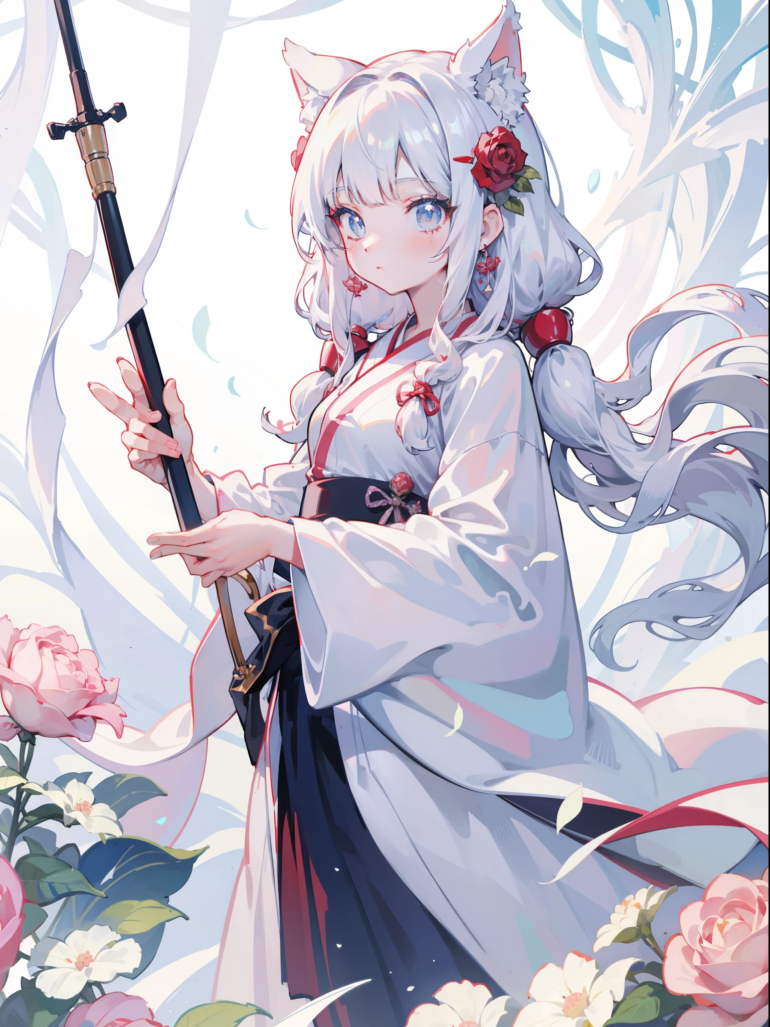 There is a woman in a white dress,A red rose was stuck in her hair, Anime role play, Anime girl role play, role play foto, Anime style mixed with Fuji film, role play, White-haired God, a beautiful fox woman, role play游戏制作者, white cat girl, silver hair girl, internal medicine rice, real life anime girls, Ayaka role play, Baiji haircut hairstyle