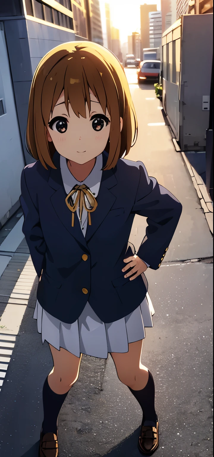 1girl, (((​masterpiece))),(((full body))), top-quality, top-quality, High Details, Hirasawa Yui, 1girl, Sakuragaoka High School Uniform, student clothes, two yellow hairpin, short hair, A brown-haired, brown-eyed, glasses, solo, reddish, Dark blue blazer with thin blue ribbon, Solid white buttoned shirt under blazer, read a book, illustratio, comic strip, soothing tones, Subdued Color, Soft cinematic light, adobe lightroom, photolab, HDR, intricately and hyper-detailed、(((depth of fields))))。(((​masterpiece)))。(((top-quality))).)((ultra-detailliert)))。(((illustratio)))。(((takeout))).dynamic focus.big breasts.(((Skyscrapers))).(((A city scape))).(((Face of happiness))). Smile mouth.(((put hands on the hip))).(((up chest))).((afternoon glow)).((the setting sun)).