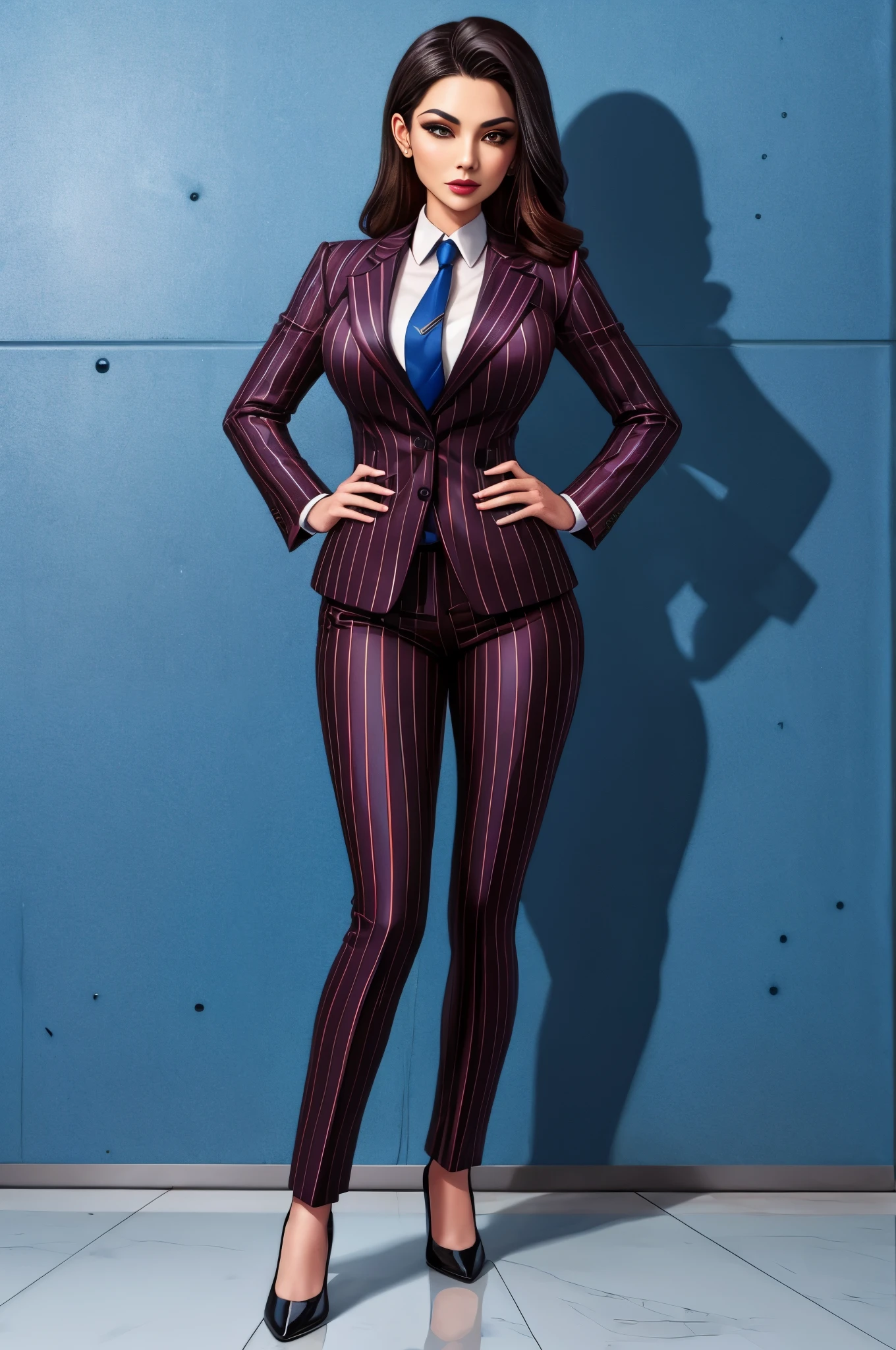 Gorgeous female gangster, pinstripe suit, full body shot, cleavage, navel