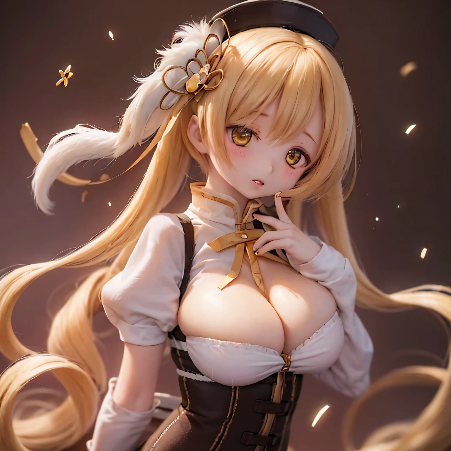 (best quality,ultra-detailed,masterpiece:1.2),expressive eyes,perfect face,beautiful Mami Tomoe,sofisticated pose,long pink hair,golden eyes,soft pink lips,detailed magical girl costume,dark background,glowing ,anime style,soft lighting,vibrant colors,mysterious aura cute (((((thick lips)))))(curvy)full body