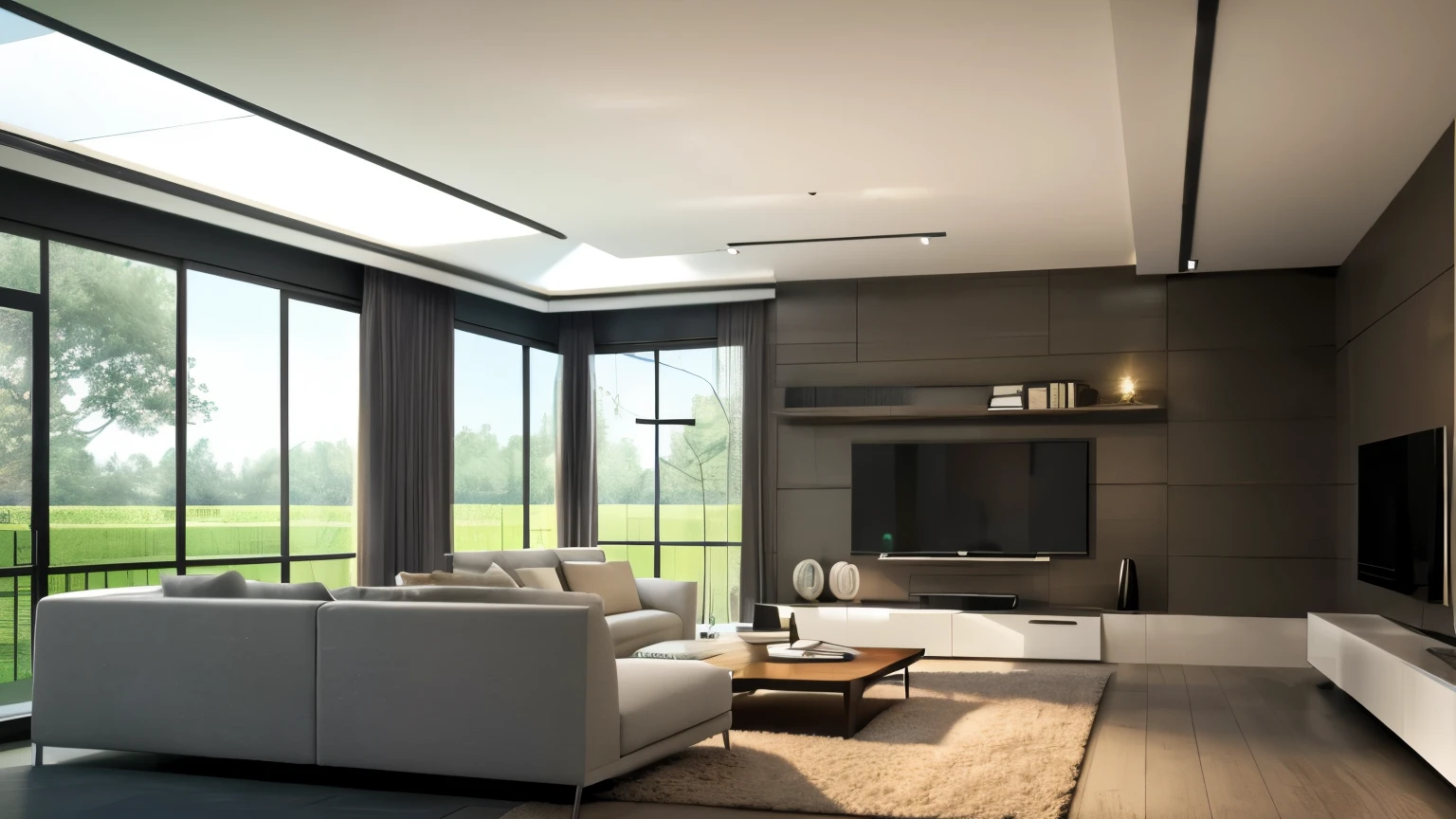 you are a famous interior designer、I was asked to create a 3D image of a large modern room.。. Create a harmonious environment with modern and minimalist furniture. Including garden interior.