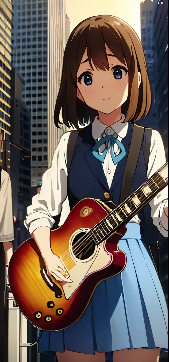 1girl, (((masterpiece))), top-quality, top-quality, High Details, Hirasawa Yui, 1girl, Sakuragaoka High School Uniform, student clothes, two yellow hairpin, short hair, A brown-haired, brown-eyed, glasses, solo, reddish, Dark blue blazer with thin blue ribbon, Solid white buttoned shirt under blazer, read a book, illustratio, comic strip, soothing tones, Subdued Color, Soft cinematic light, adobe lightroom, photolab, HDR, intricately and hyper-detailed、(((depth of fields))))。(((masterpiece)))。(((top-quality))).)((ultra-detailliert)))。(((illustratio)))。(((takeout))).dynamic focus.big breasts.(((Skyscrapers))).(((A city scape))).(((Face of happiness))). Smile mouth.(((hand holding guitar))).(((up chest))).((afternoon glow)).((the setting sun)).