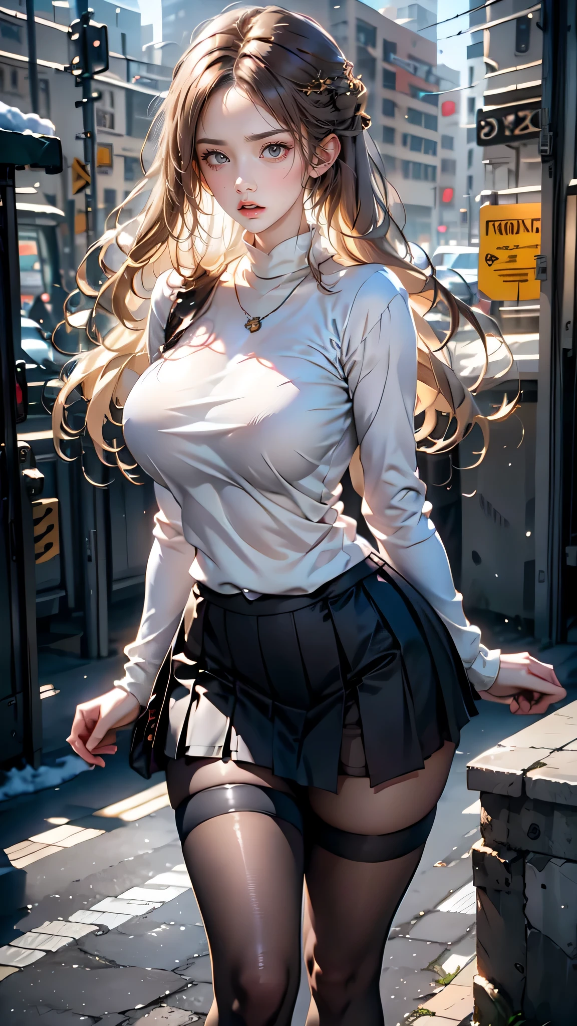 It's snowing,open your arms,town,(highly detailed skin),winding,,beautiful胸,big breasts,white skin,pointed chest,erect nipples,(fantasy art,best image quality,surrealist portrait,(8k),Super realistic,最high quality, high quality, High resolution, high quality texture,high detail,beautiful,Detailed,Very detailed CG,detailed texture,realistic expression of face,masterpiece,sense of presence,dynamic,bold),(thin hair),(soft hair),long flowing bangs,extra light coppery amber hair,hair above one eye,dressed,(baggy sweater),tight mini skirt,stockings,Engineer boot,girl