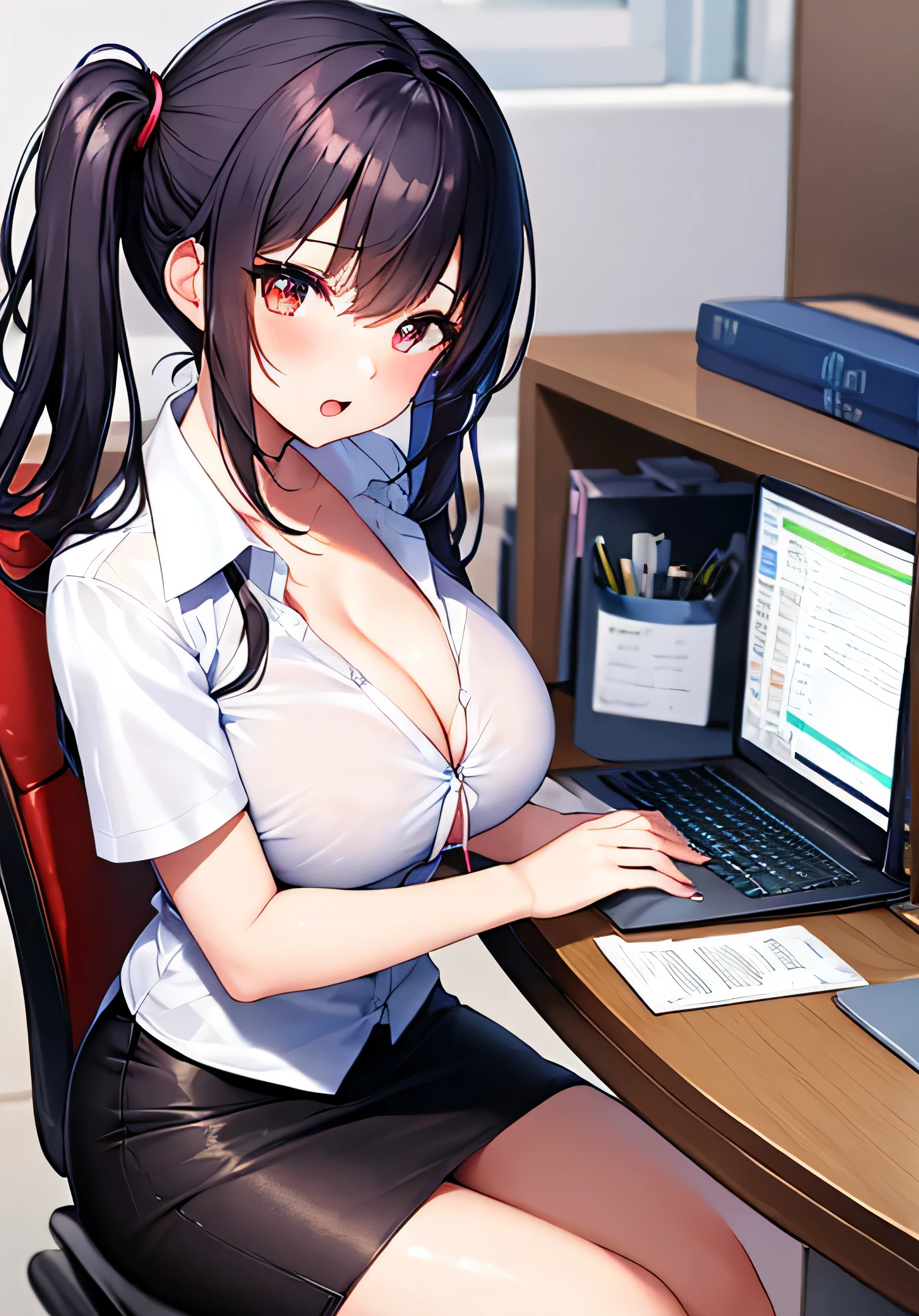 masterpiece、best image quality、ultra high resolution、 girl with big breasts、twin tail hairstyle、black hair、red face、shyly、Open your mouth just a little、Short-sleeved dress shirt that shows a slight cleavage、wearing a mini pencil skirt、sitting in an office chair、inside the office