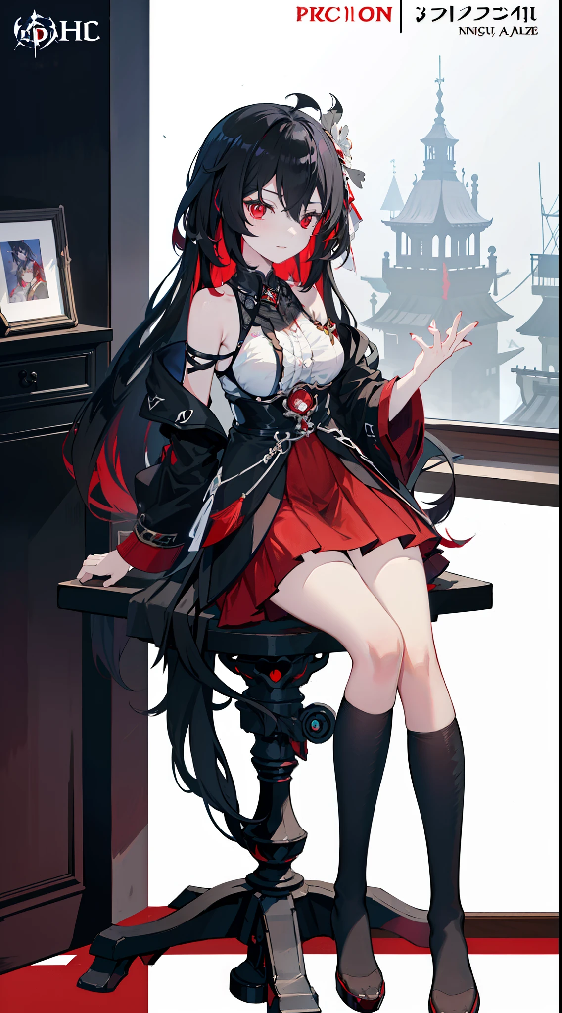 Anime girl with long black hair sitting on the table in the room,red pupils, 4K quality,Ultra high quality,Novel cover illustration level,Azur lane skin vertical painting style,The girl's face is slightly reluctant,Focus on the characters,Fade the background,Sexy and charming figure