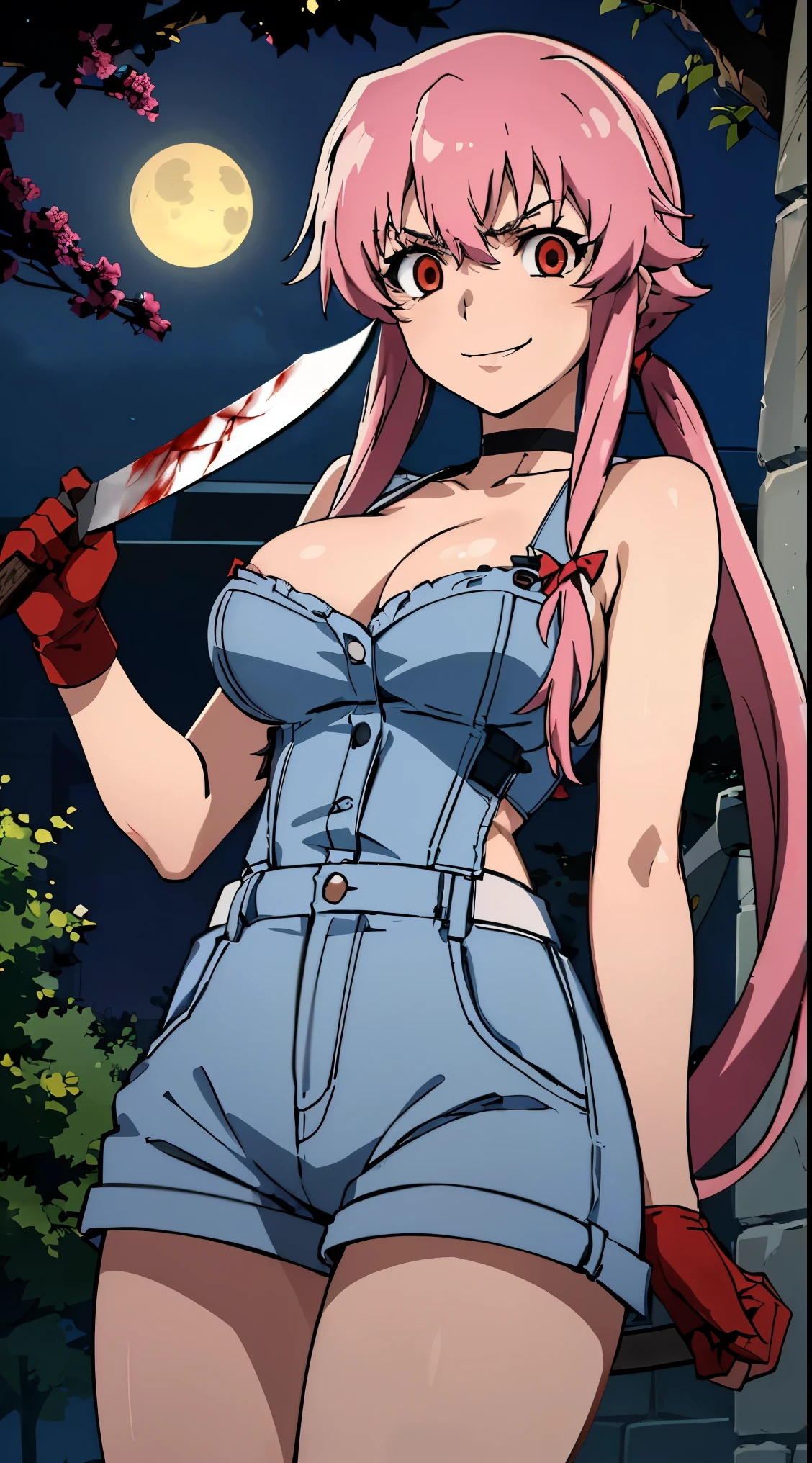 anime_still, masterpiece, best quality, 1girl, Gasai Yuno,pink hair, (large breasts:1.5), twintails, long hair, solo focus, mirai nikki, black choker, dark grey overalls, leather gloves, red eyes, chasing you through the woods, ((nigth:1.5)), crazy, ((crazy eyes)), ((crazy stare)), (fanart of Gasai Yuno), (angry eyes:1.1), (perfect hands:1.4), (masterpiece), best quality, expressive eyes, VHS, ((nigth)), (Parfect Hand:1.3), 4k, 8k, 1980s, from below, (standing over you), (Blood:1.1),Horror, (evil smile:1.4), (evil eyes:1.6), (holding machete:1.5), horror scane,