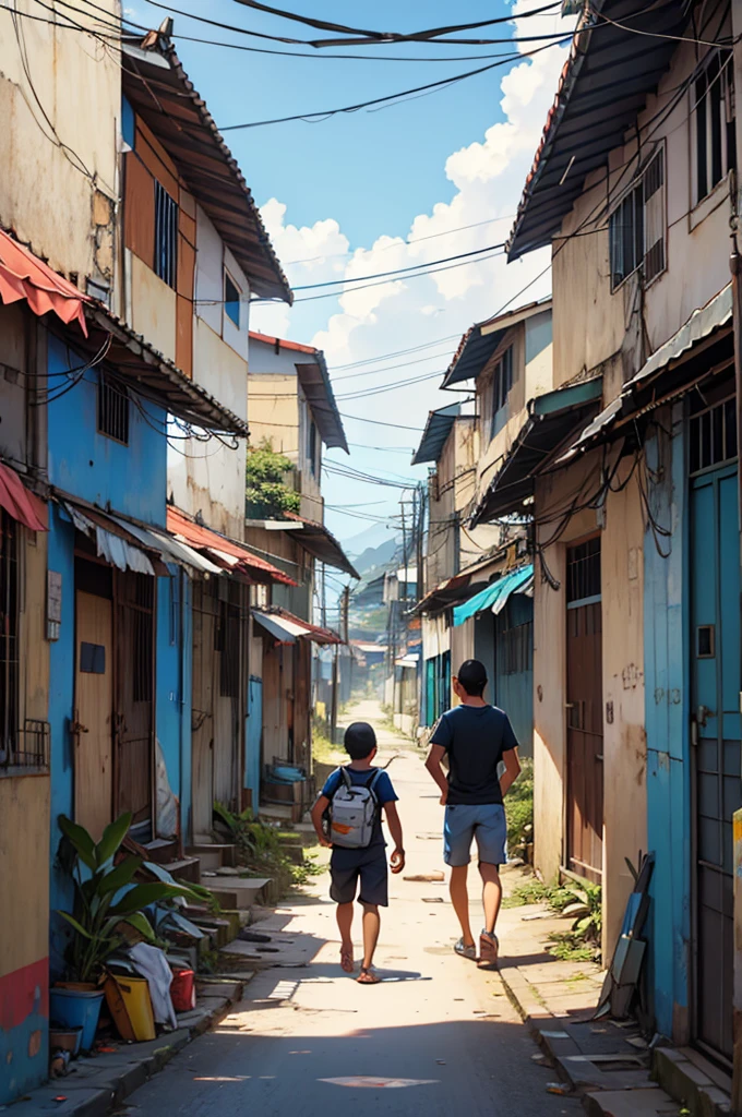 desenhe um jovem brasileiro nas ruas da favela com carros abandonados na rua o ceu azul os postes com fios atras dele outros jovem empinando pipa 