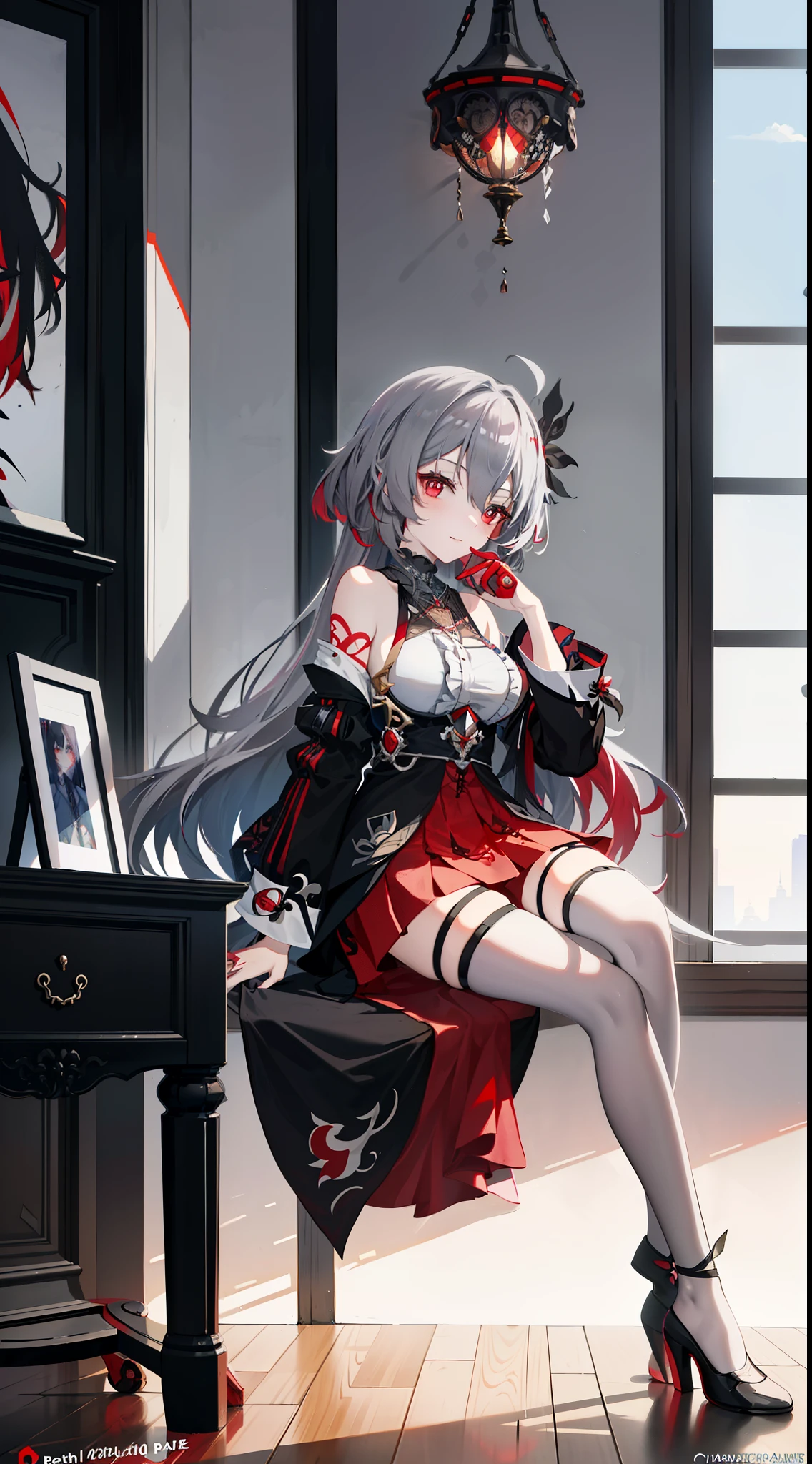 Anime girl with long gray hair sitting on the table in the room,red pupils， 4K quality，Ultra high quality，Novel cover illustration level，Azur lane skin vertical painting style，The girl&#39;s face is reluctant，Focus on the characters，Fade the background，Sexy and charming figure