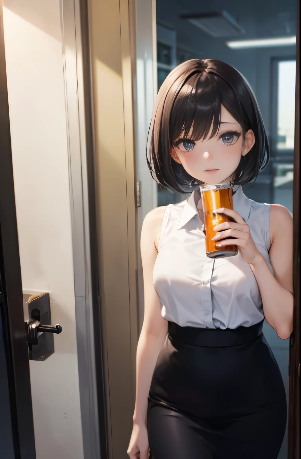 beautiful, masterpiece, highest quality, highly detailed face, perfect lighting,1 girl, alone, white sleeveless shirt、black skirt, Office lady、While drinking a can of beer、drunk、drunk woman、in front of the entrance、in front of the door、I have visited、late night、midnight、dark、Through the gap in the door、drunk girl、young office lady, black short cut hair、heavy makeup