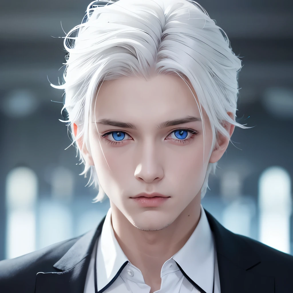 Boy, white hair, blue eyes, sharp, serious features, white skin