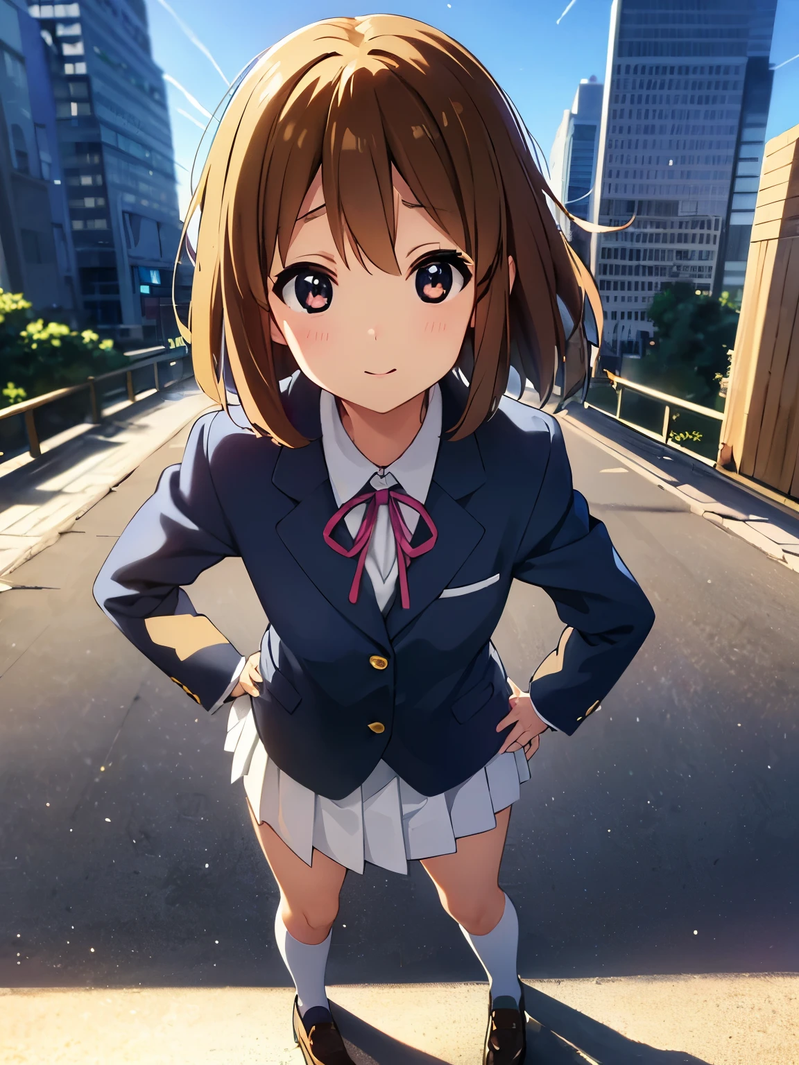 1girl, (((​masterpiece))),(((full body))), top-quality, top-quality, High Details, Hirasawa Yui, 1girl, Sakuragaoka High School Uniform, student clothes, two yellow hairpin, short hair, A brown-haired, brown-eyed, glasses, solo, reddish, Dark blue blazer with thin blue ribbon, Solid white buttoned shirt under blazer, read a book, illustratio, comic strip, soothing tones, Subdued Color, Soft cinematic light, adobe lightroom, photolab, HDR, intricately and hyper-detailed、(((depth of fields))))。(((​masterpiece)))。(((top-quality))).)((ultra-detailliert)))。(((illustratio)))。(((takeout))).dynamic focus.big breasts.(((Skyscrapers))).(((A city scape))).(((Face of happiness))). Smile mouth.(((put hands on the hip))).(((up chest))).((afternoon glow)).((the setting sun)).