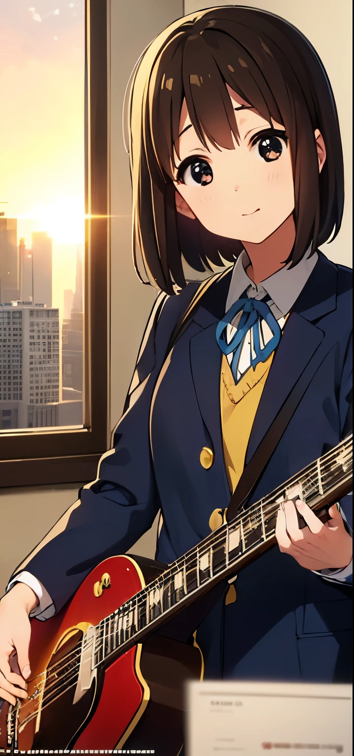 1girl, (((masterpiece))), top-quality, top-quality, High Details, Hirasawa Yui, 1girl, Sakuragaoka High School Uniform, student clothes, two yellow hairpin, short hair, A brown-haired, brown-eyed, glasses, solo, reddish, Dark blue blazer with thin blue ribbon, Solid white buttoned shirt under blazer, read a book, illustratio, comic strip, soothing tones, Subdued Color, Soft cinematic light, adobe lightroom, photolab, HDR, intricately and hyper-detailed、(((depth of fields))))。(((masterpiece)))。(((top-quality))).)((ultra-detailliert)))。(((illustratio)))。(((takeout))).dynamic focus.big breasts.(((Skyscrapers))).(((A city scape))).(((Face of happiness))). Smile mouth.(((hand holding guitar))).(((up chest))).((afternoon glow)).((the setting sun)).