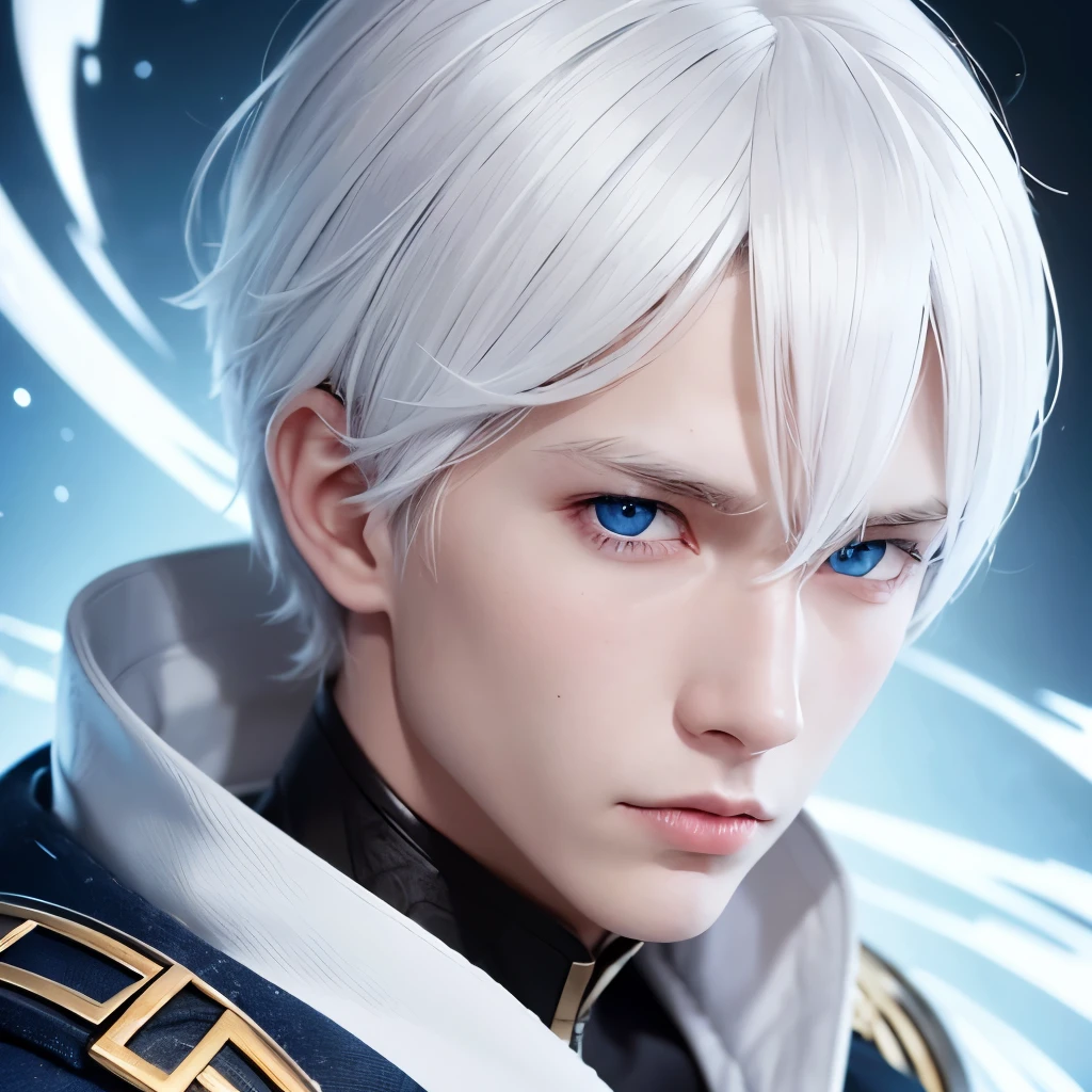 Boy, white hair, blue eyes, sharp, serious features, white skin