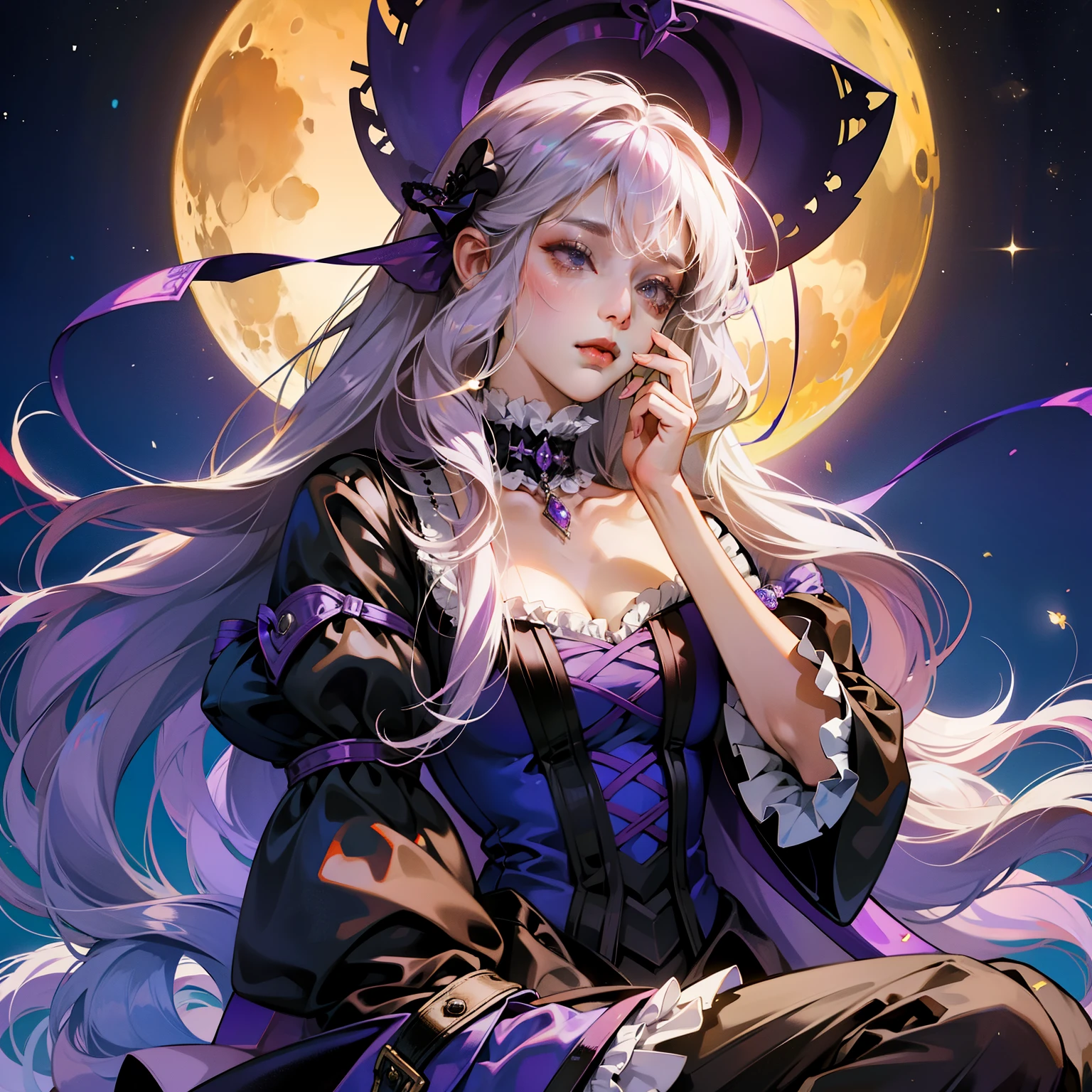 Anime girl wearing purple skirt,Moon themed clothing, fantasy costumes, rococo cyberpunk, Elegant Gothic Princess, black and purple clothing, gothic shoujo anime girl, Astral Witch Clothes, ta fashion, ((beautiful fantasy queen)), Charming hypnotic woman, Dress up in dreamy formal attire, lulua workshop, fairy tale core, I'm going