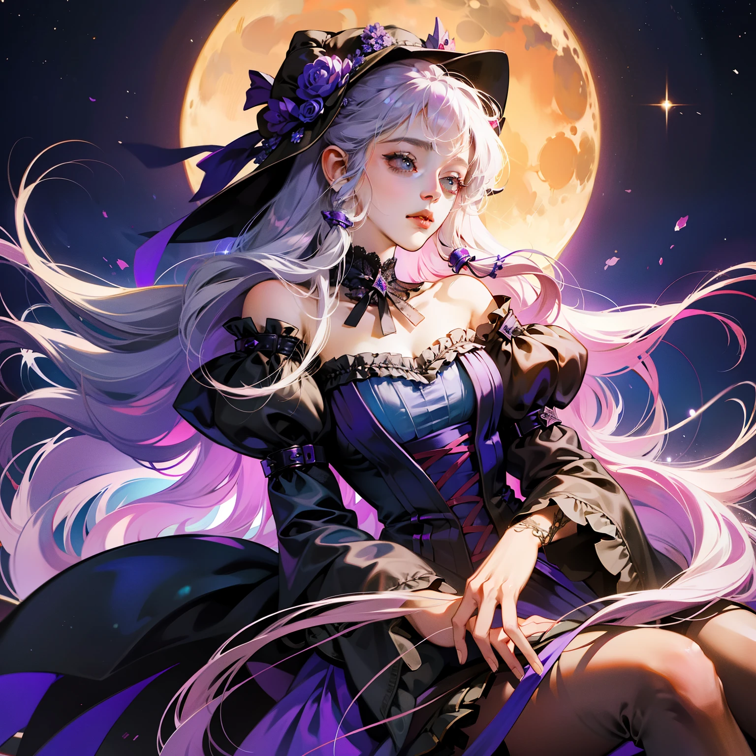Anime girl wearing purple skirt,Moon themed clothing, fantasy costumes, rococo cyberpunk, Elegant Gothic Princess, black and purple clothing, gothic shoujo anime girl, Astral Witch Clothes, lolita fashion, ((beautiful fantasy queen)), Charming hypnotic woman, Dress up in dreamy formal attire, lulua workshop, fairy tale core, I'm going