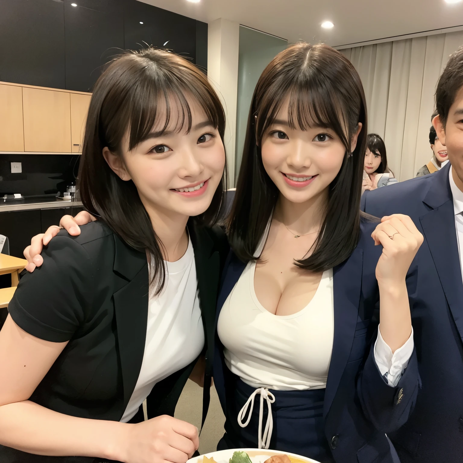 1 girl, alone, highest quality, 8k, japanese women pictures, 25 years old, kindergarten teacher, long straight black hair,, ((Plump)), ((big breasts)),simple t-shirt, plain jogging pants,, best smile ever,Izakaya, Grow eyes,  shining happiness, considerate personality, sweet feminine aura, Calm but resolute attitude, lightly freckled cheeks, a spirit of warmth and joy, Modest casual wear perfect for teaching,pixie cut fringe, eyes shining with dedication, Two people in love,couple,men and womenの写った, a humble and dedicated kindergarten teacher, lively.Two-shot of the couple,1 man,men and women,man wearing a suit,man wearing a suit,man wearing a suit,couple,Two people in love,tall man,tall man,man wearing a suit,middle aged man,middle aged man,middle aged man,40 year old man wearing a suit,man wearing a suit,Man in jacket,Izakayaの中,banquet,banquet,Year-end party,Izakaya